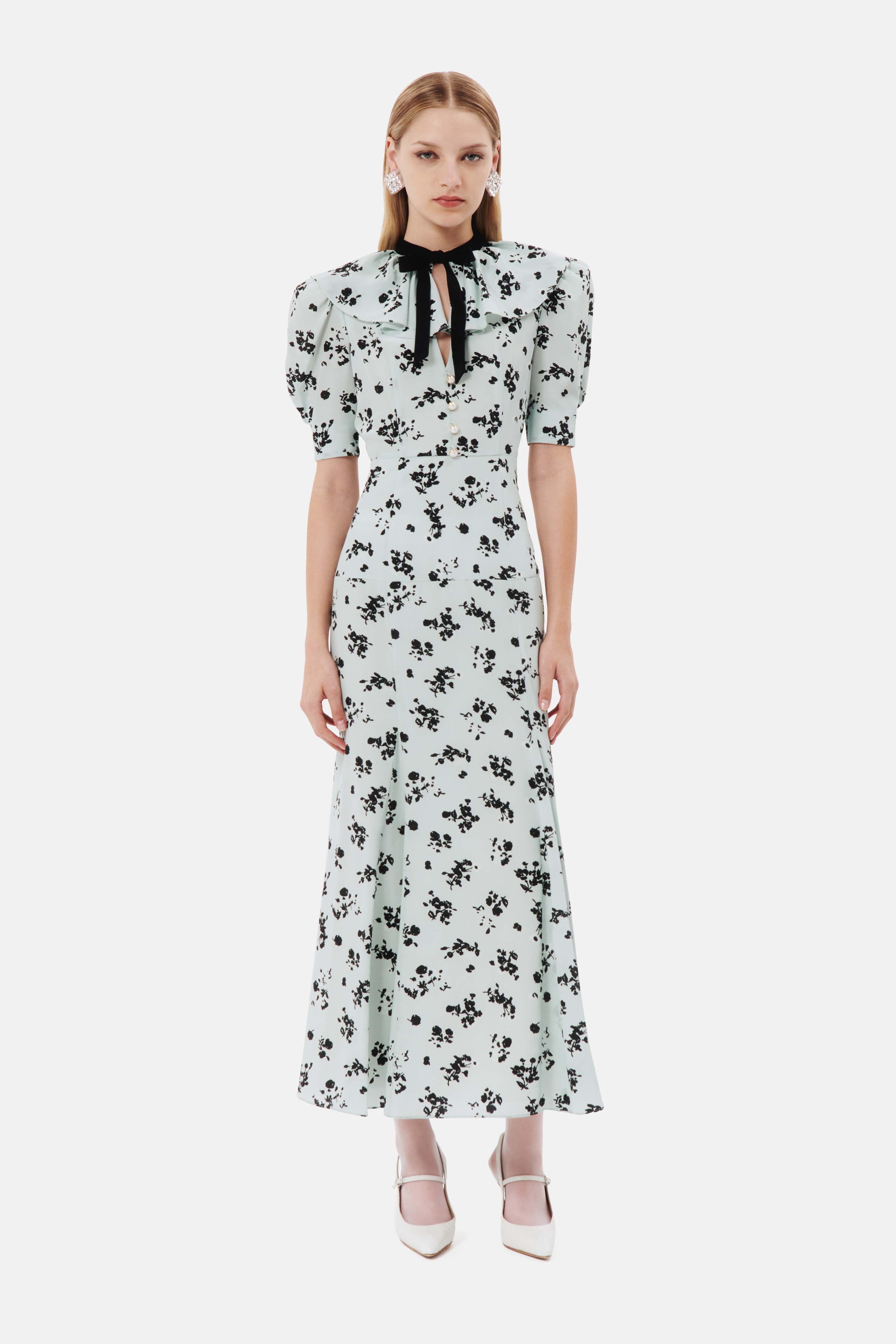 ROSE PRINT SILK DRESS WITH VOLANT COLLAR AND BOW – Alessandra Rich