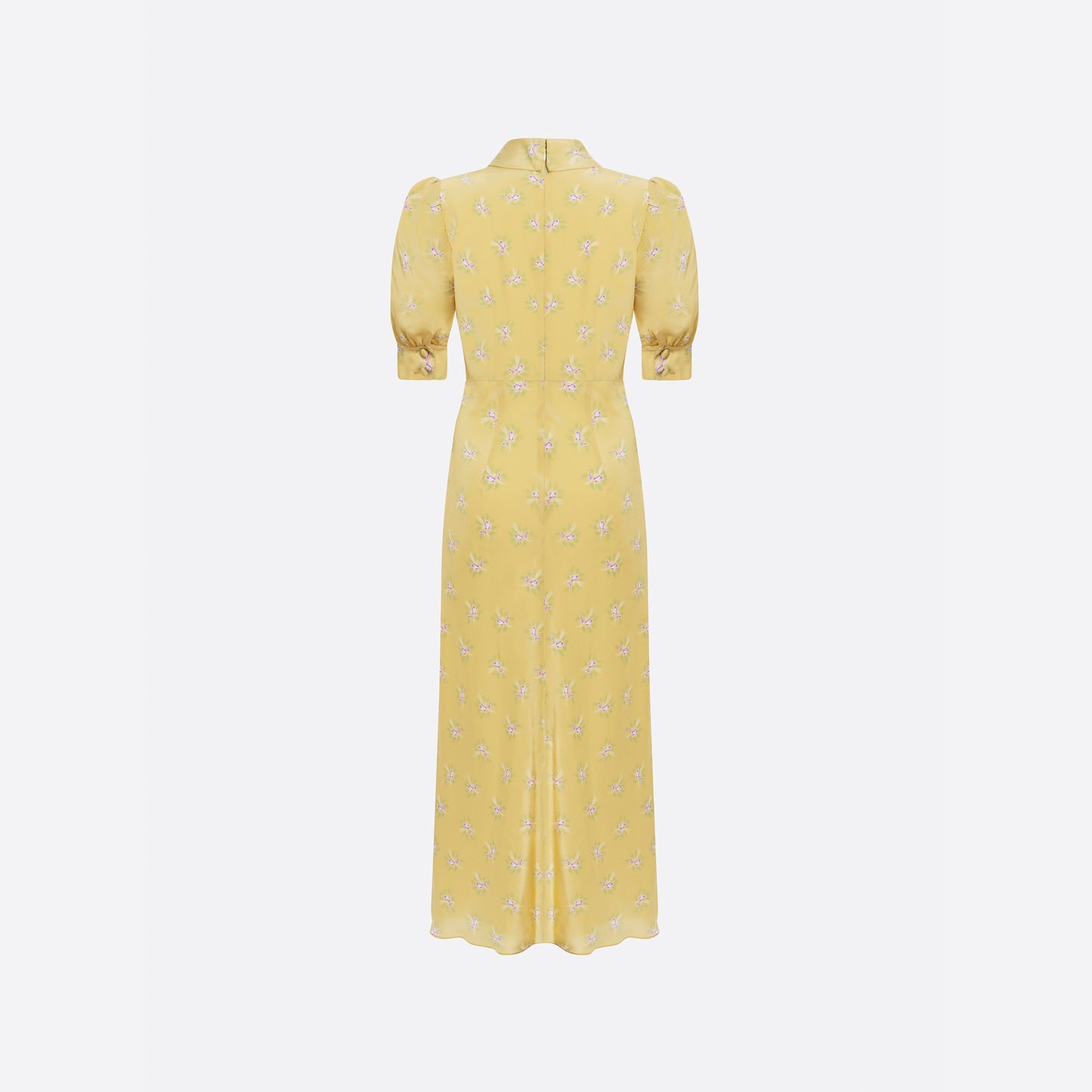 silk midi dress floral Yellow Silk Cotton Trailing Floral Puff Sleeve Midi Dress