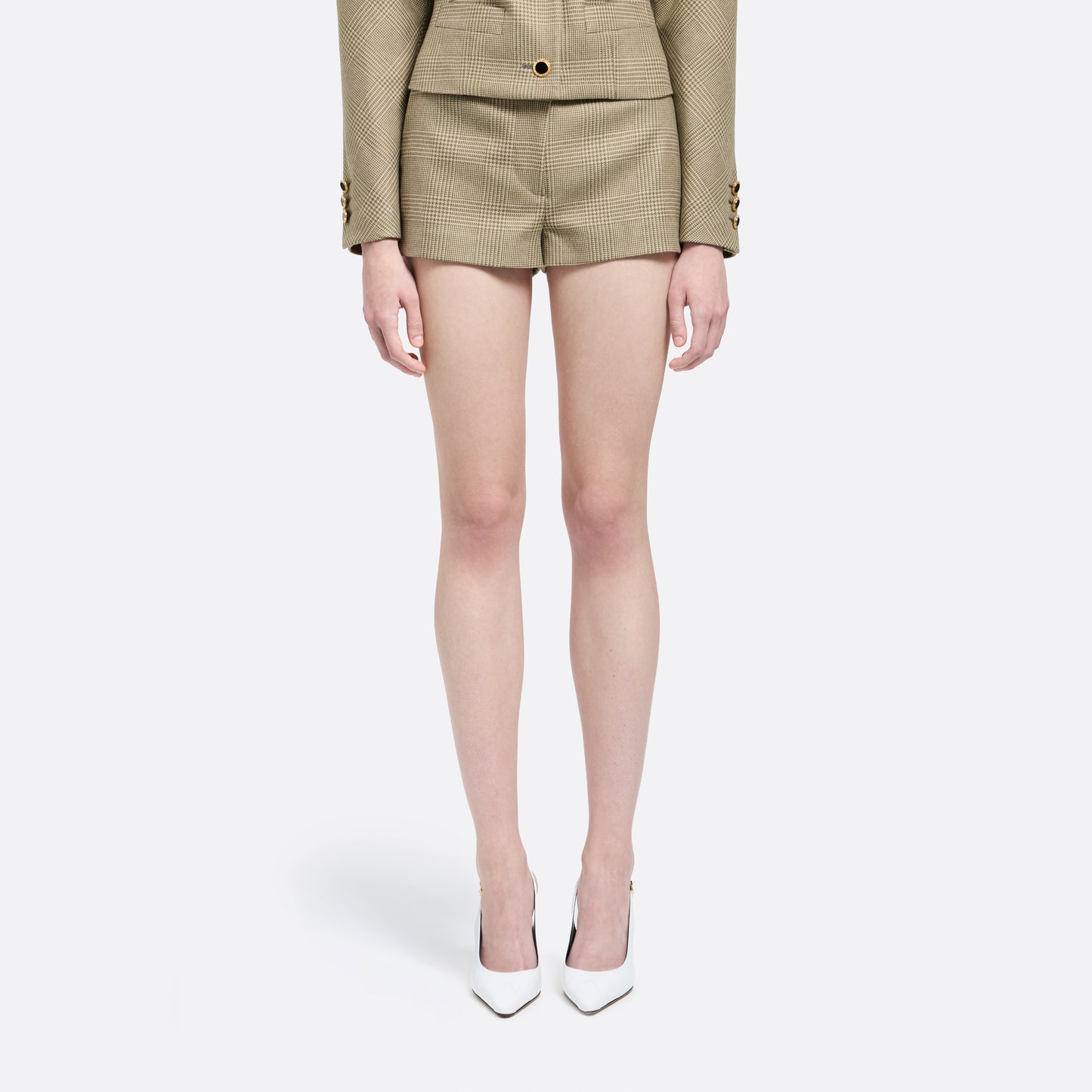 Green and beige Prince of Wales wool tailored shorts with pockets.