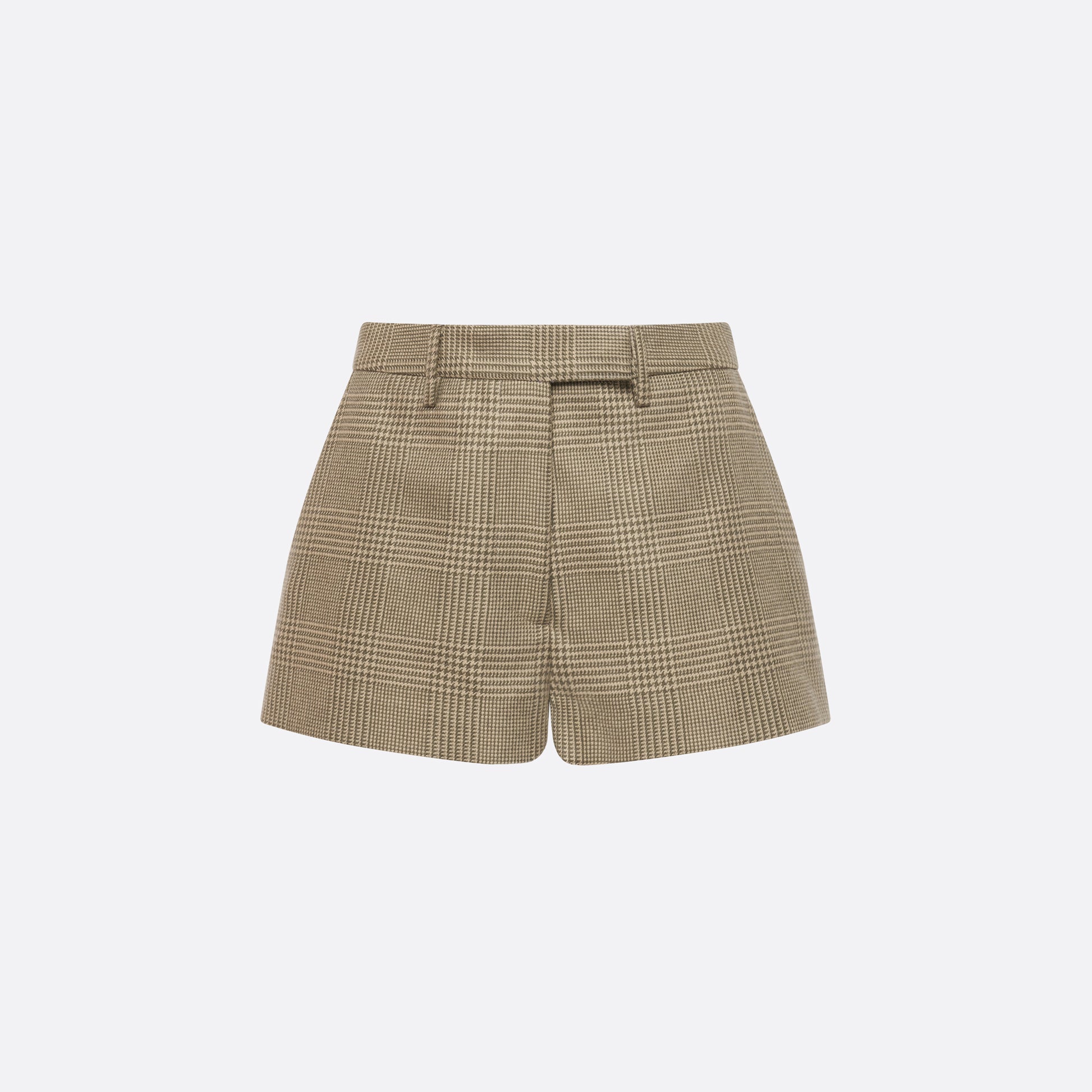 Green and beige Prince of Wales wool tailored shorts with pockets.