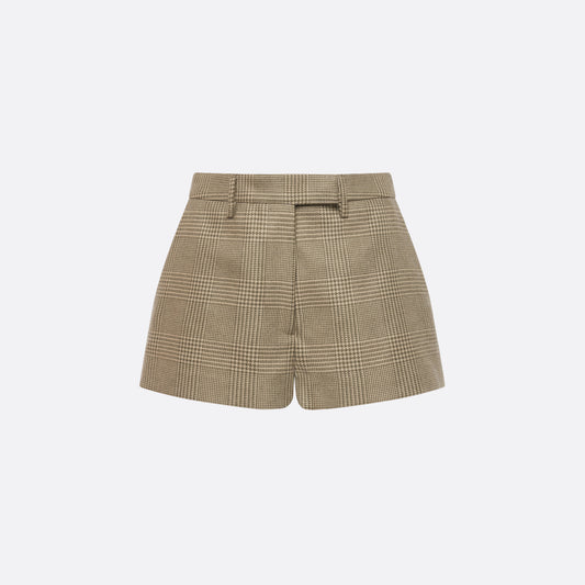 Green and beige Prince of Wales wool tailored shorts with pockets.