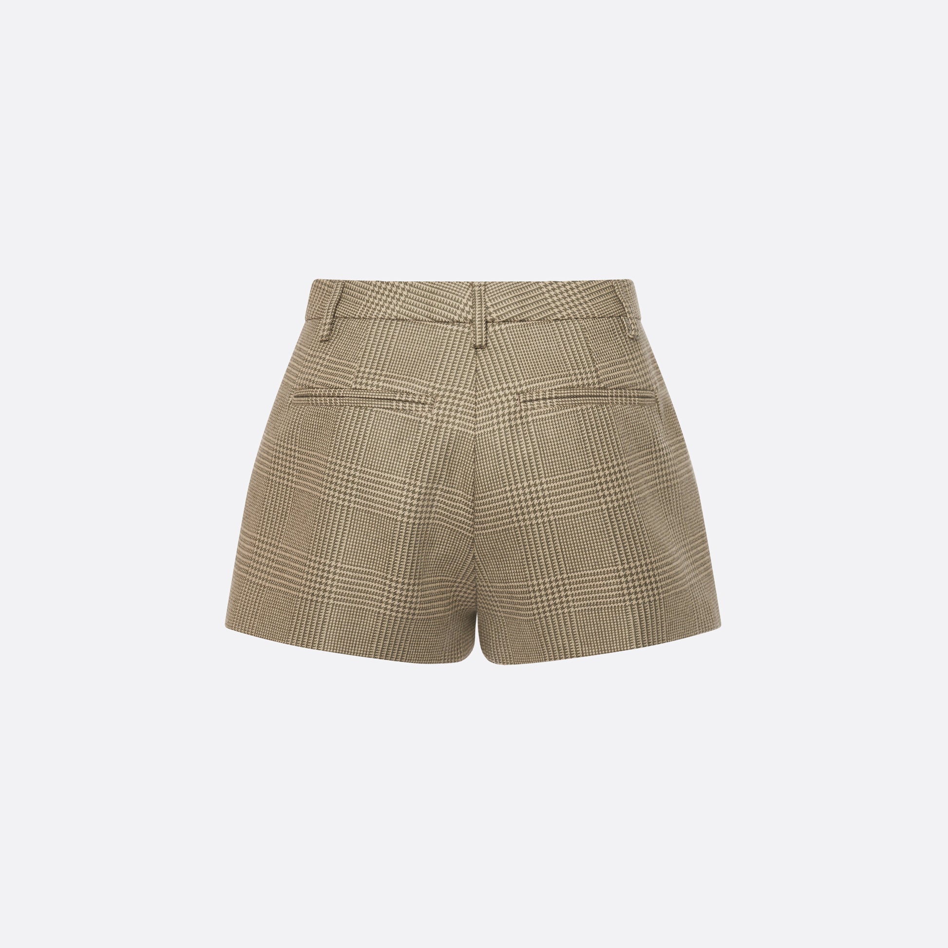 Green and beige Prince of Wales wool tailored shorts with pockets.