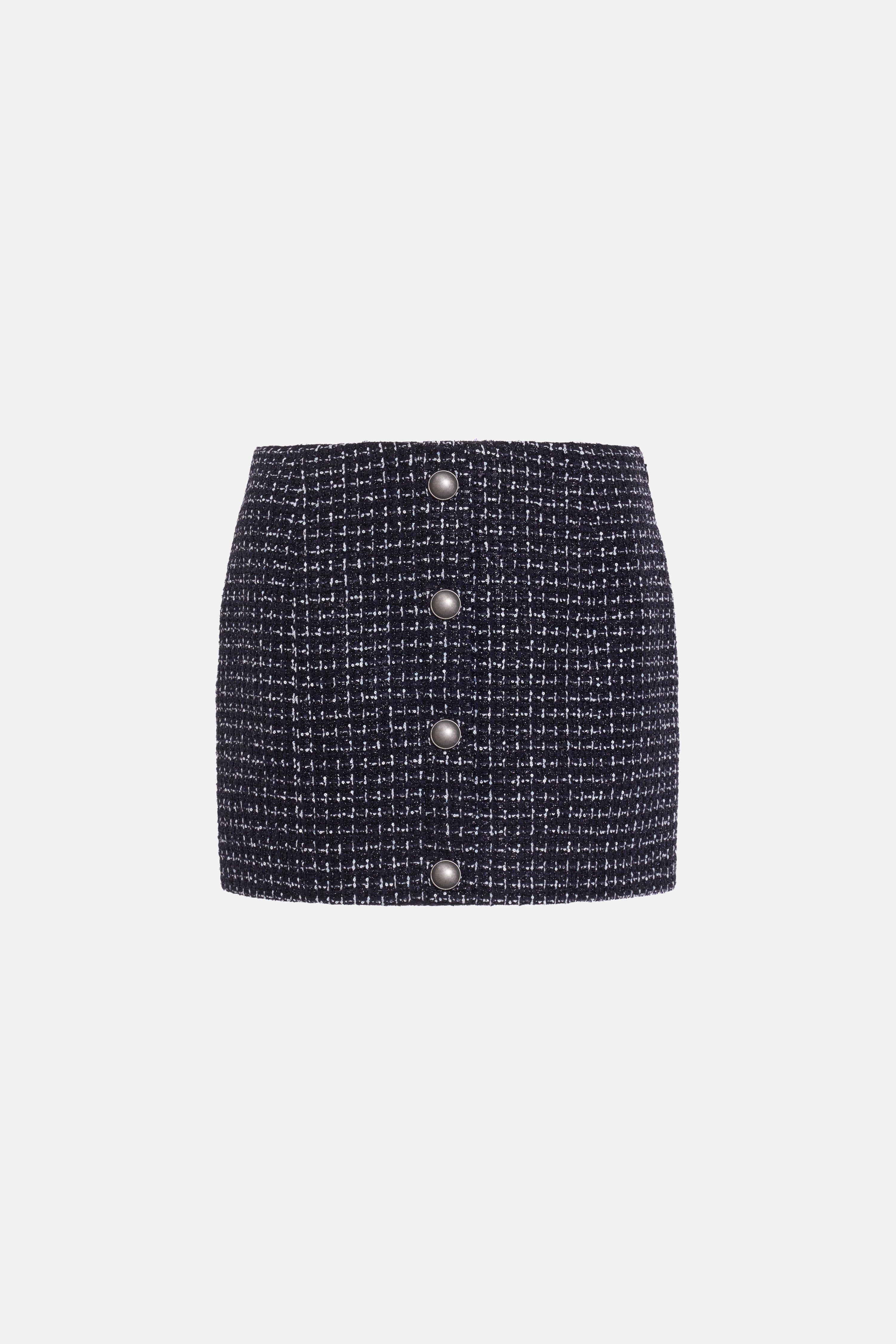 SEQUIN CHECKED TWEED LOW WAIST MINI SKIRT, BUTTONS