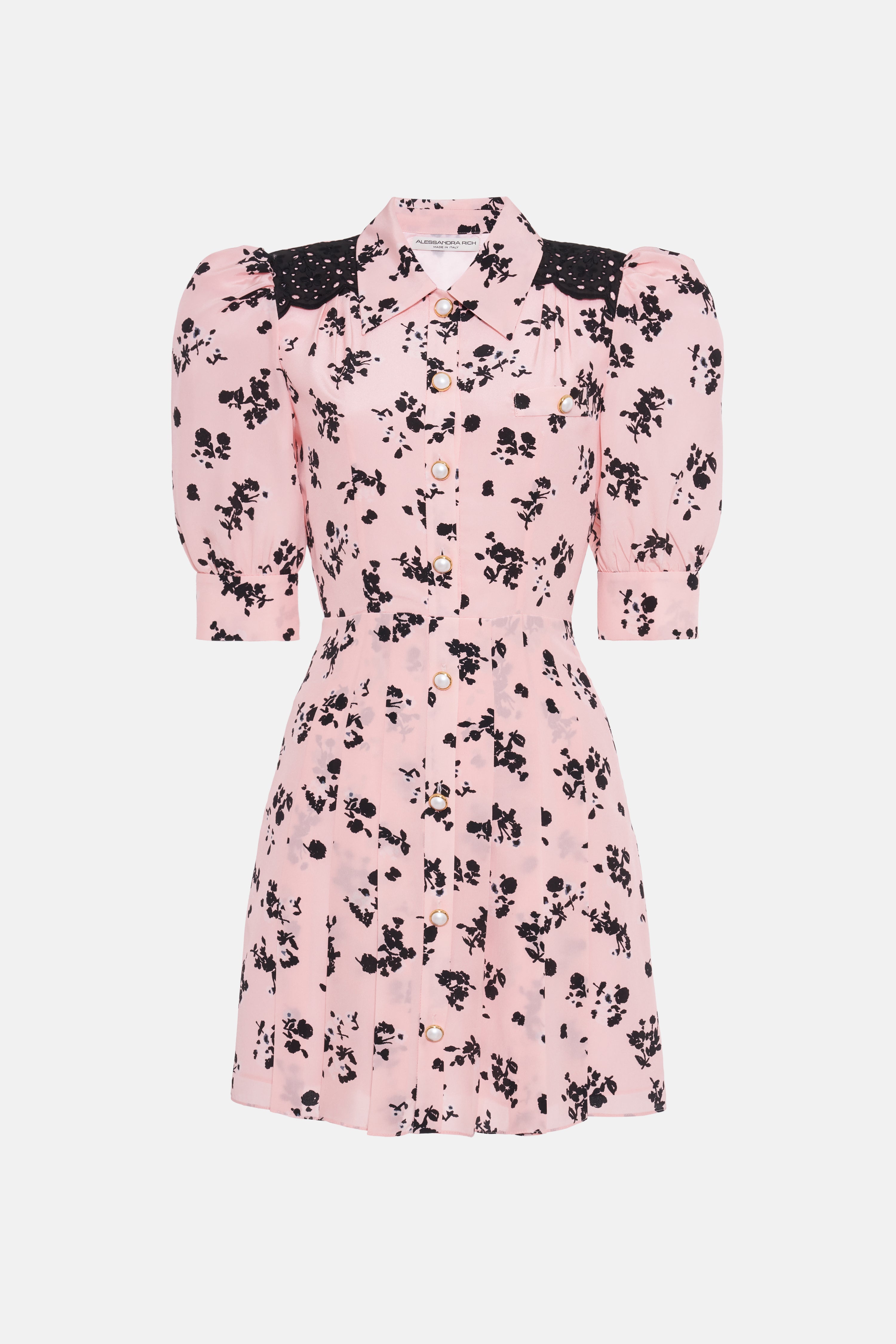 ROSE PRINT SILK PLEATED MINI DRESS WITH BUTTONS
