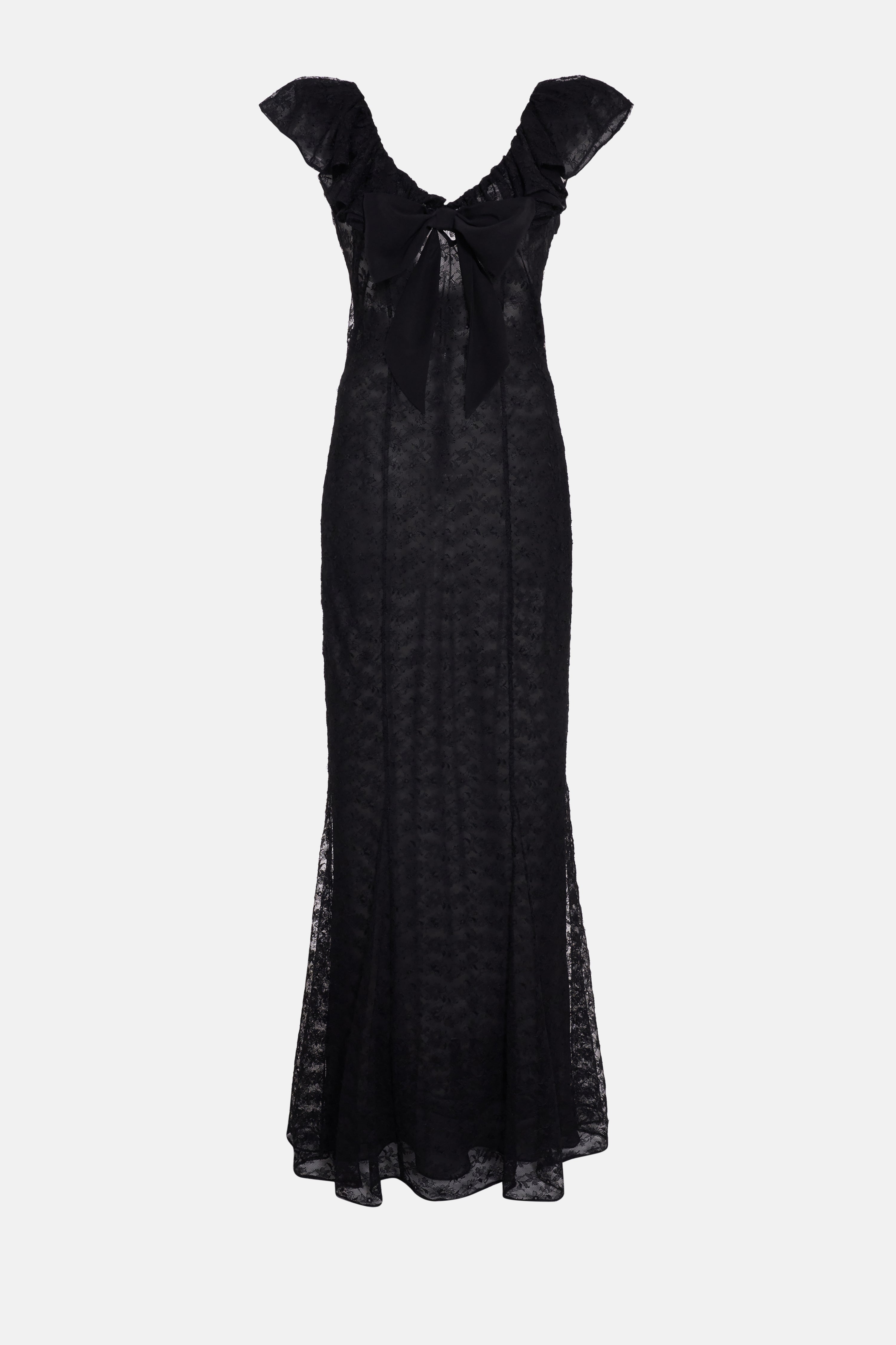 LACE EVENING DRESS WITH VOLANT COLLAR AND BOW