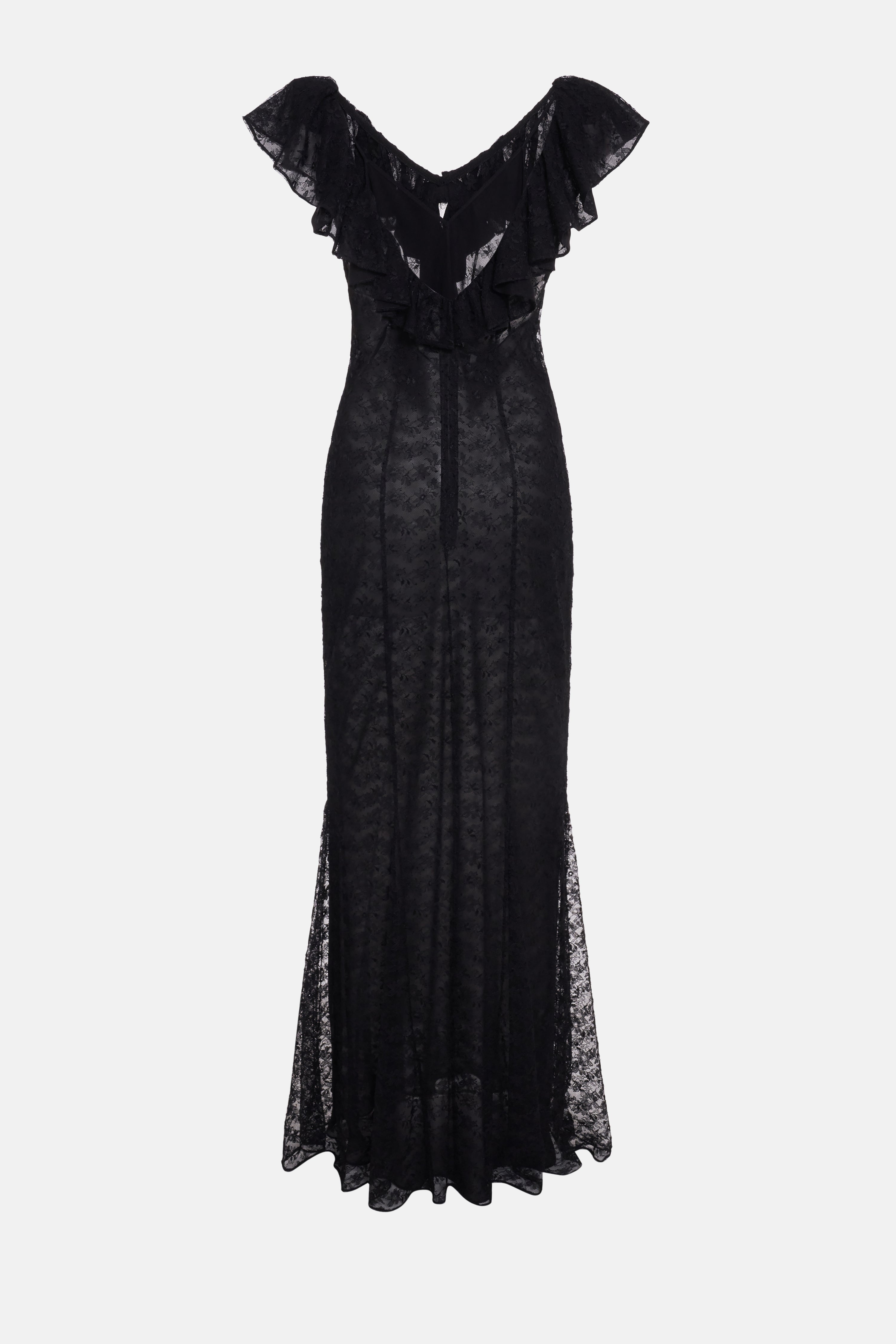 LACE EVENING DRESS WITH VOLANT COLLAR AND BOW