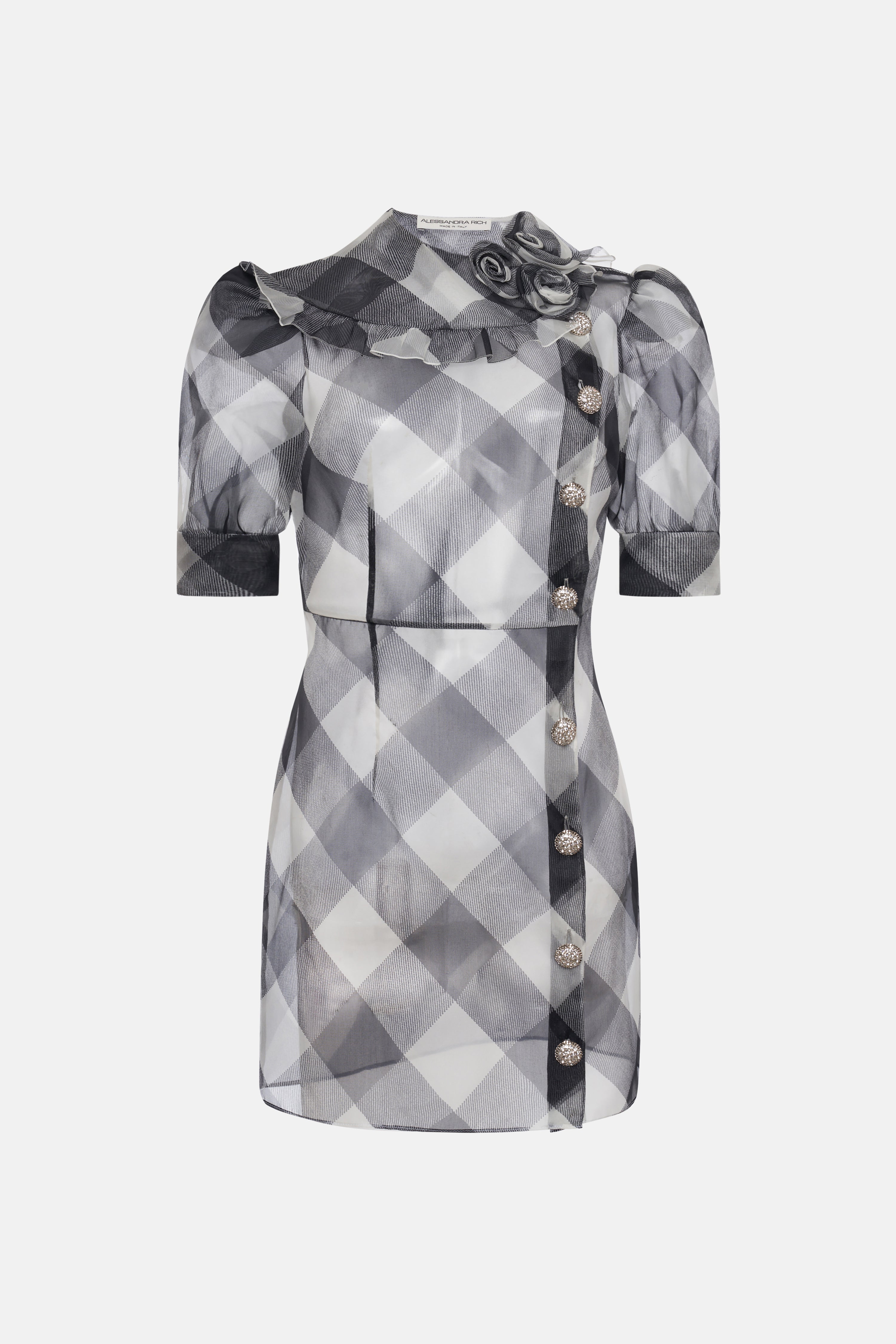 CHECKED SILK ORGANZA MINI DRESS WITH JWL BUTTONS