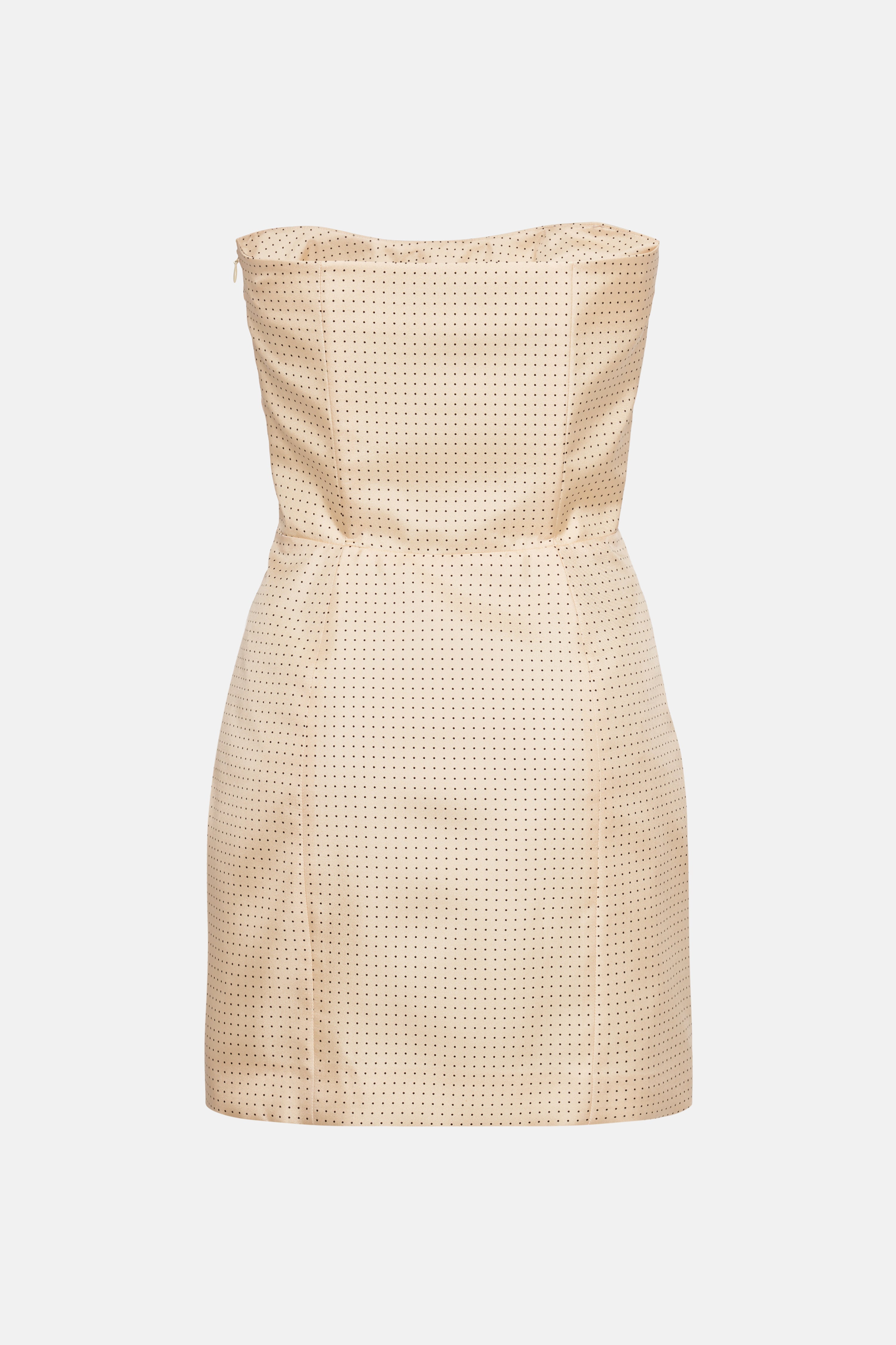 POLKA DOT PRINT SILK TWILL BUSTIER MINI DRESS, BOW