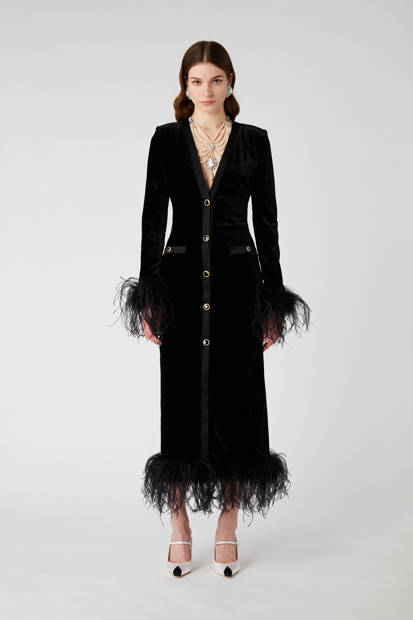 VELVET DRESS WITH FEATHERS