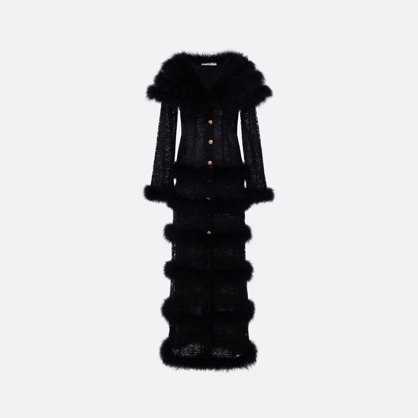 Black lace coat with feather embellishments and long sleeves, featuring a V-neckline and jewel buttons.