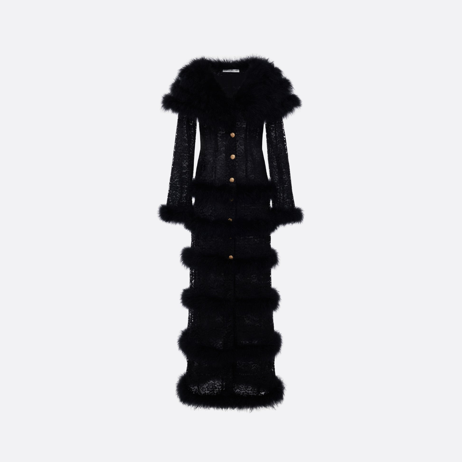 Black lace coat with feather embellishments and long sleeves, featuring a V-neckline and jewel buttons.