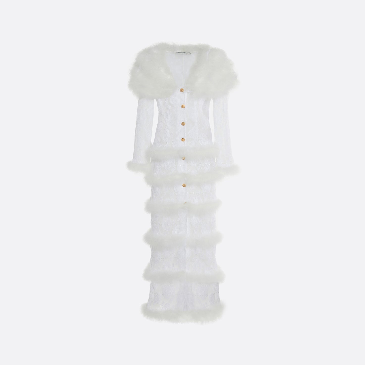 White lace coat with feather embellishments and long sleeves, featuring a V-neckline and jewel buttons.