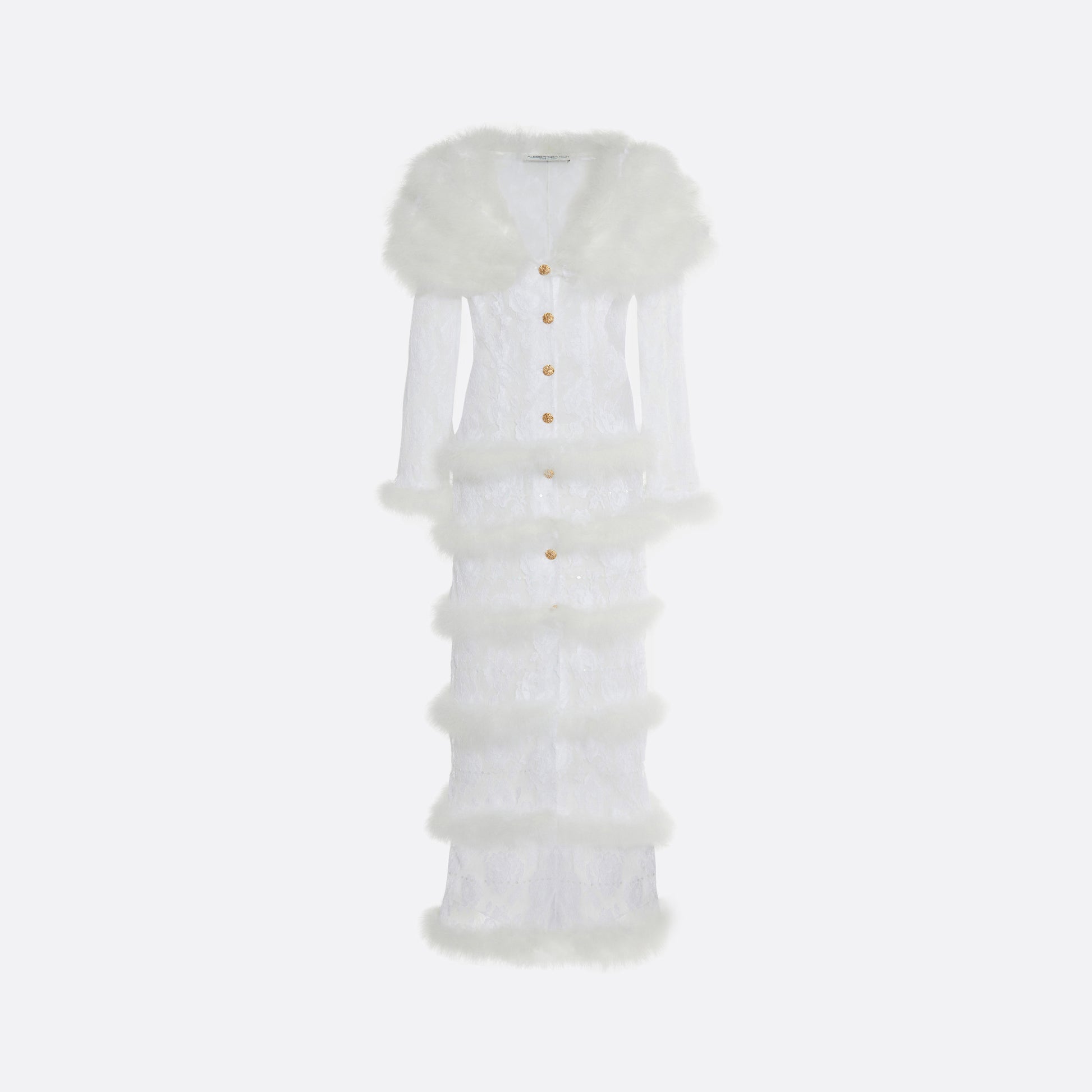 White lace coat with feather embellishments and long sleeves, featuring a V-neckline and jewel buttons.