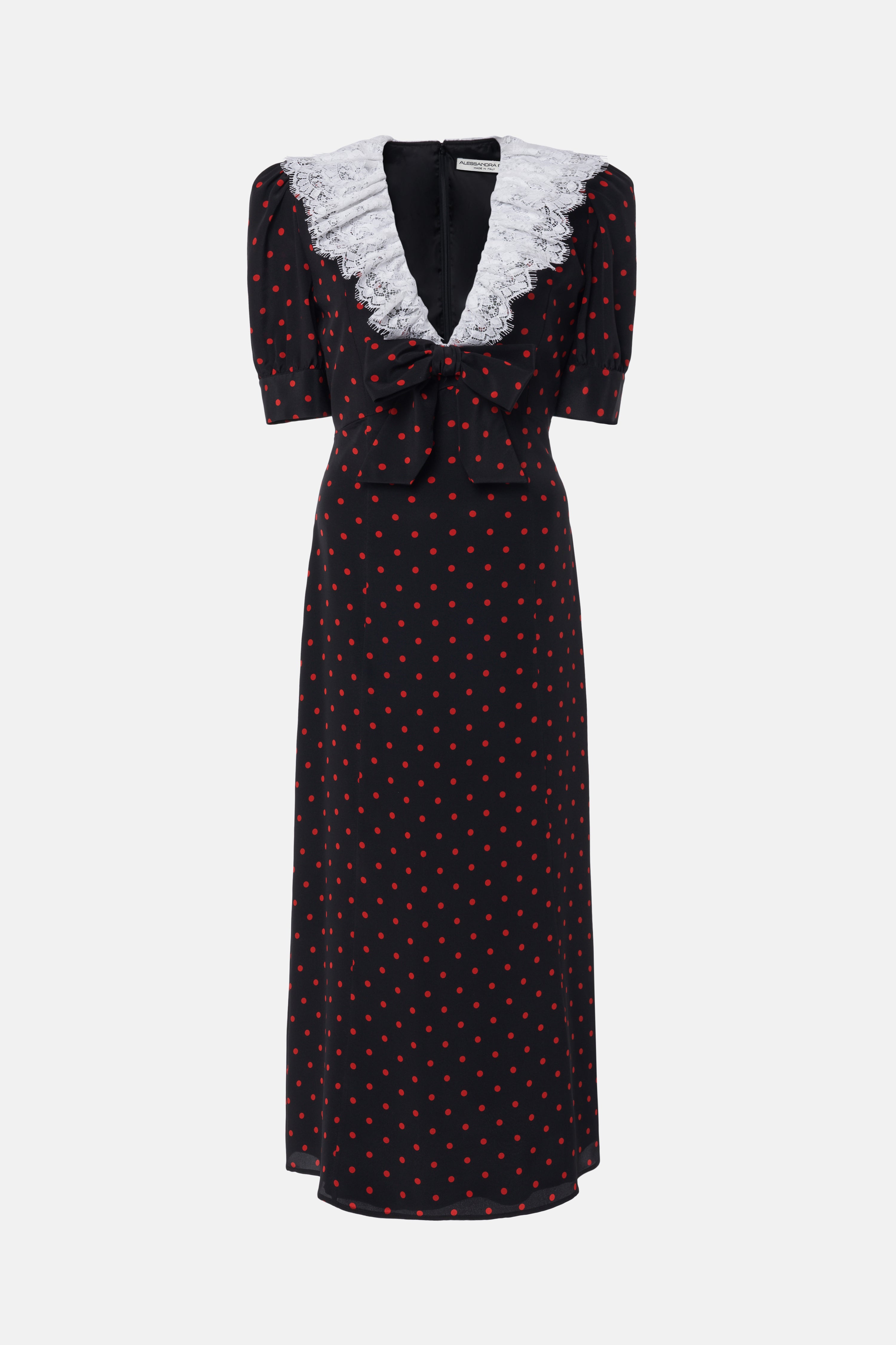 POLKA DOT PRINT SILK DRESS WITH LACE COLLAR, BOW