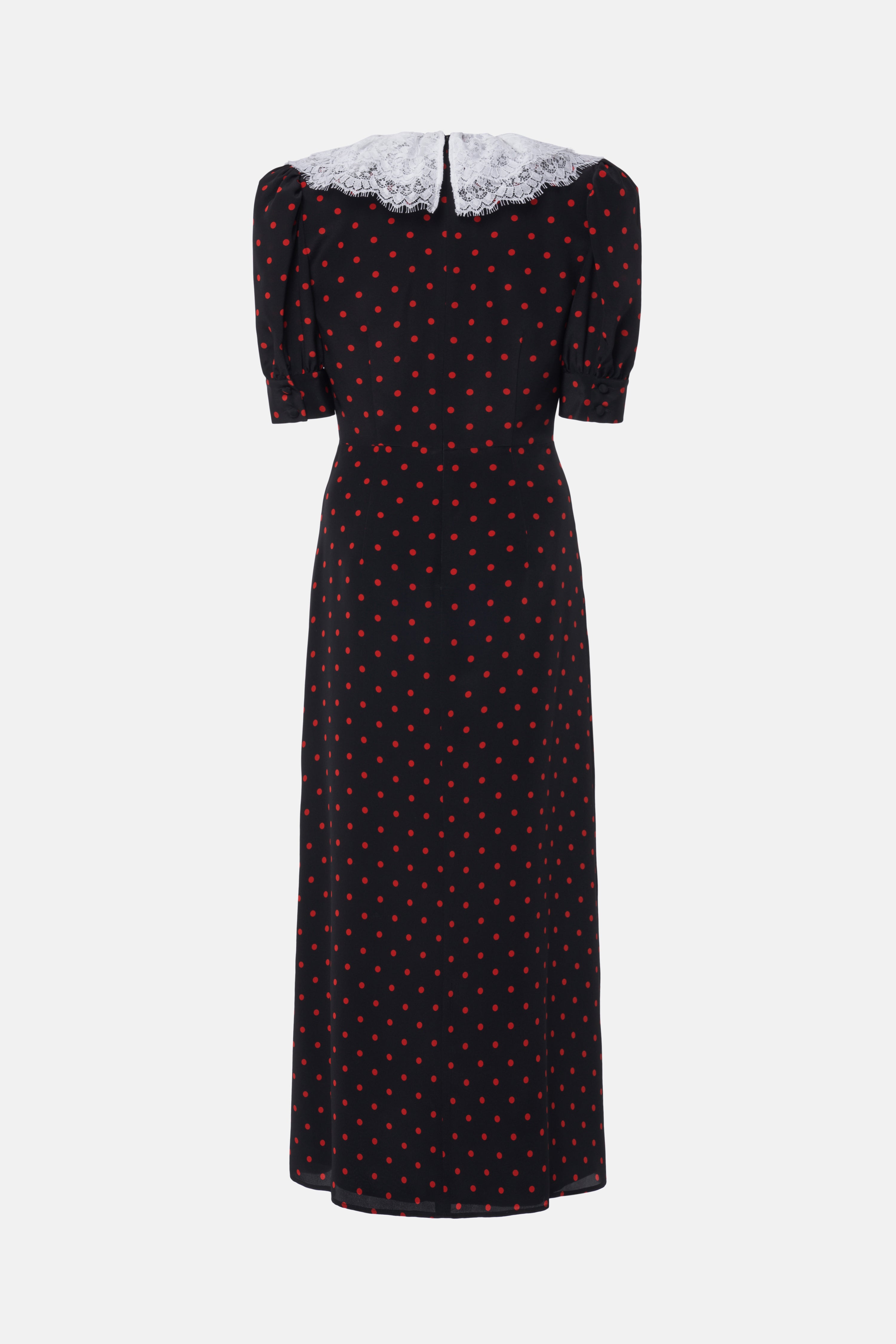 POLKA DOT PRINT SILK DRESS WITH LACE COLLAR, BOW