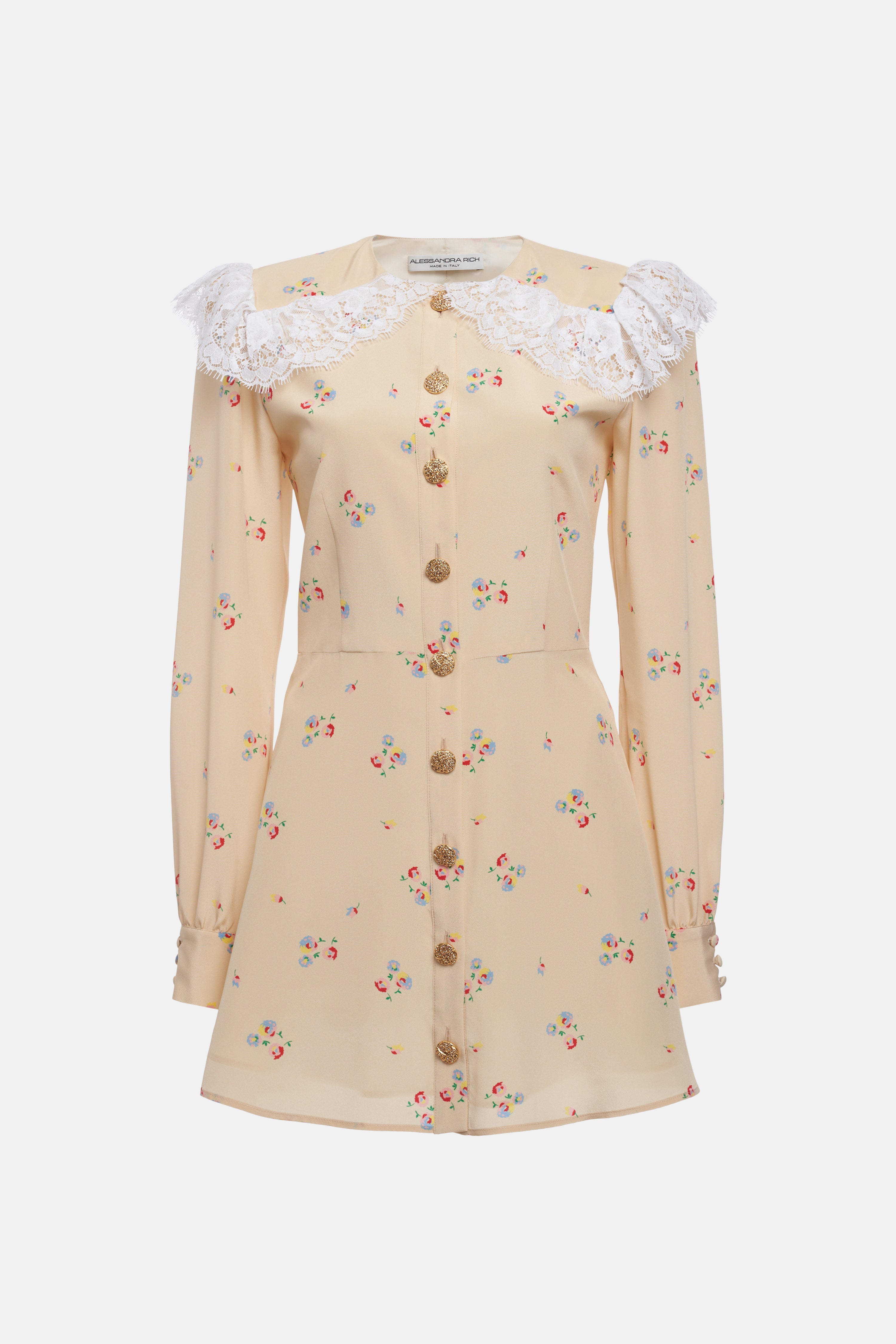 FLOWER PRINT SILK MINI DRESS WITH JWL BUTTONS