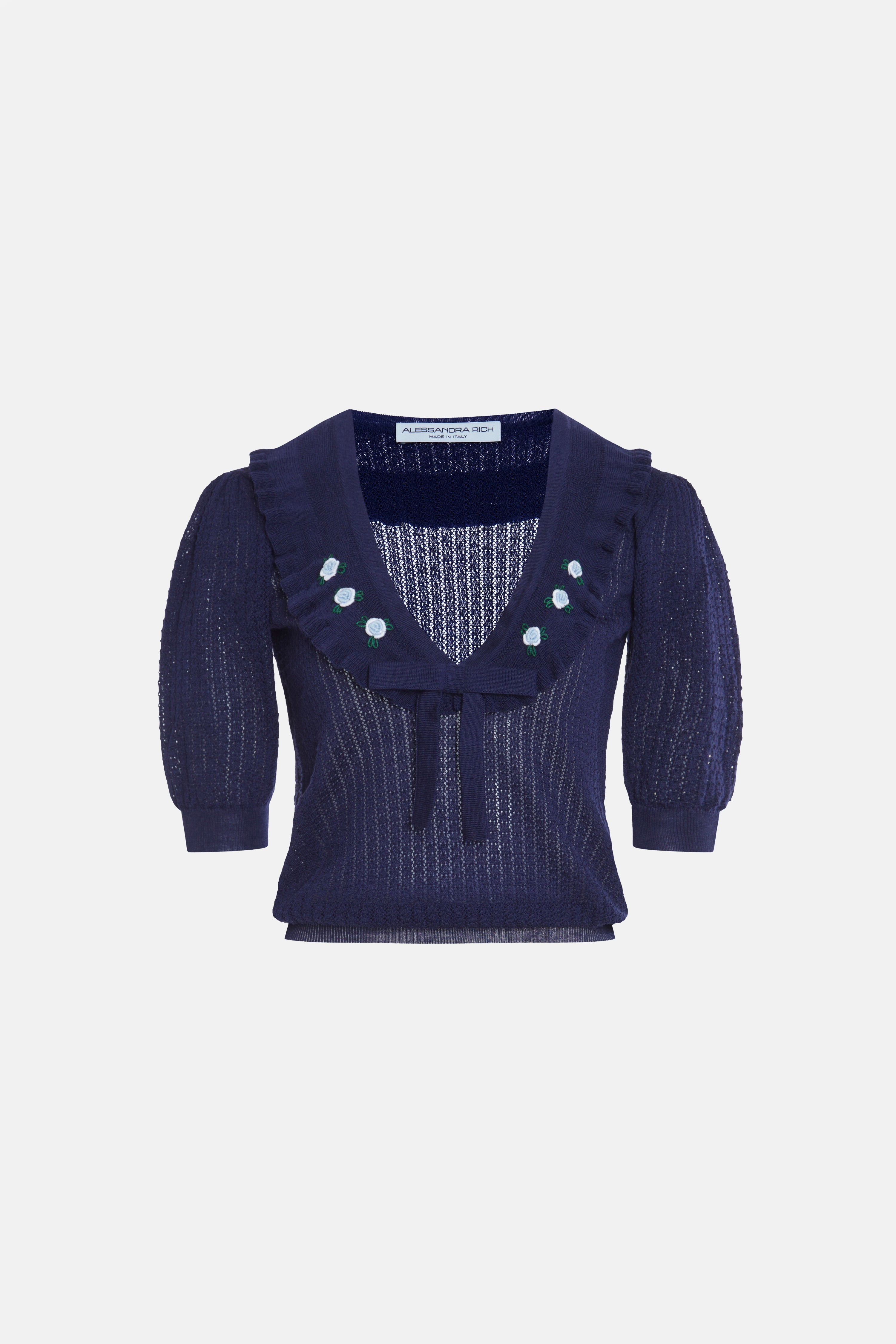 WOOL LACE KNIT V-NECK JUMPER WITH EMBROIDERY