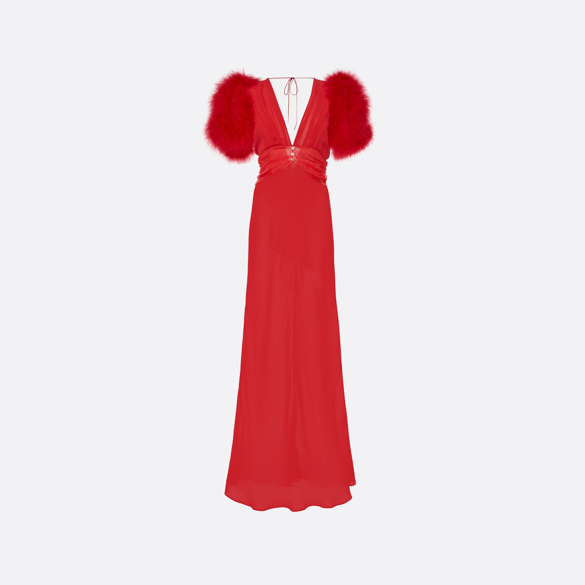 Red silk georgette slip evening dress with a deep V-neckline and short sleeves, featuring feather-trimmed shoulders.
