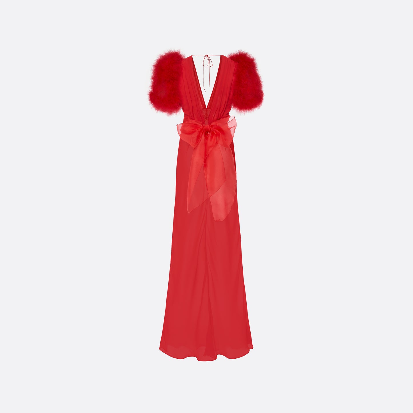 Red silk georgette slip evening dress with a deep V-neckline and short sleeves, featuring feather-trimmed shoulders.