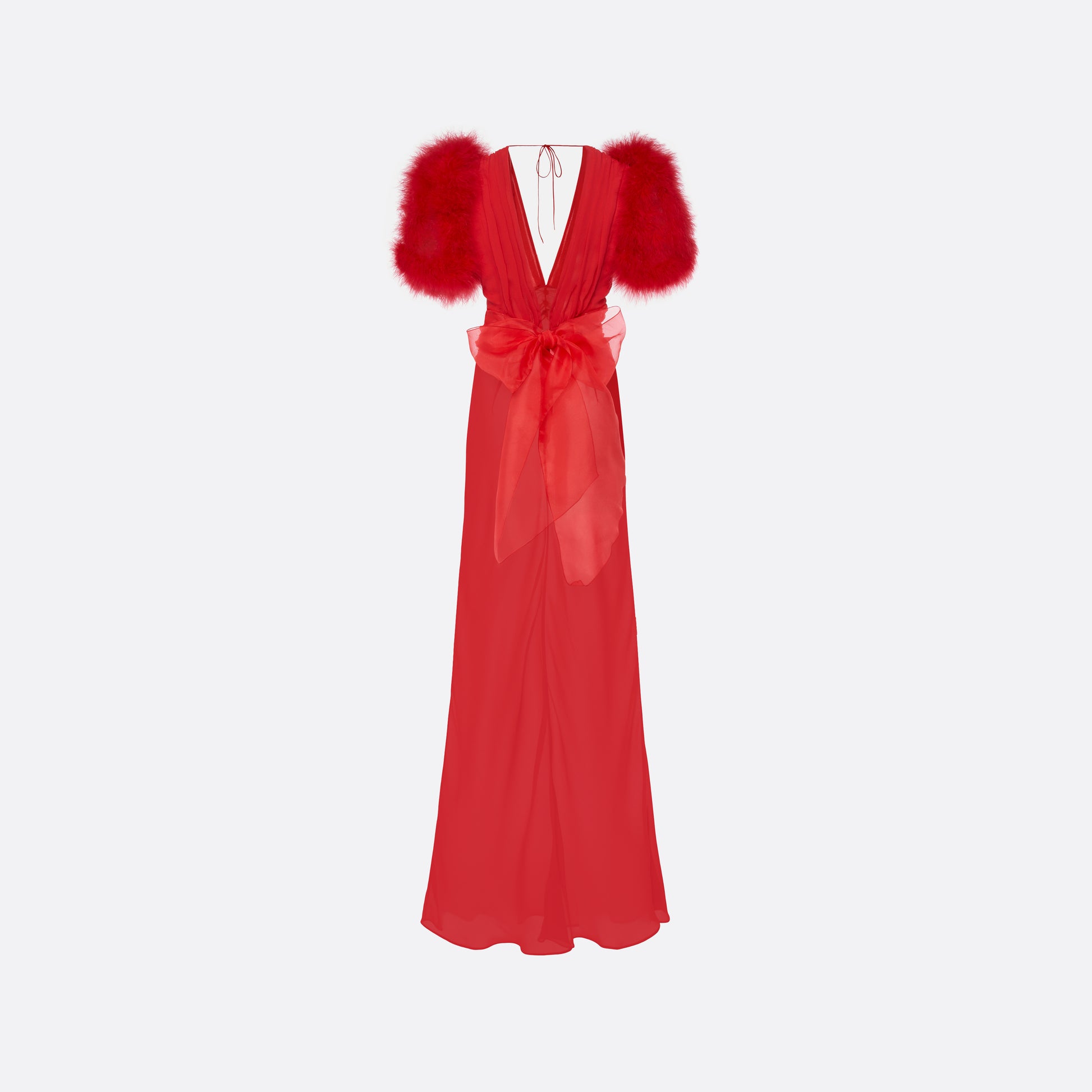 Red silk georgette slip evening dress with a deep V-neckline and short sleeves, featuring feather-trimmed shoulders.