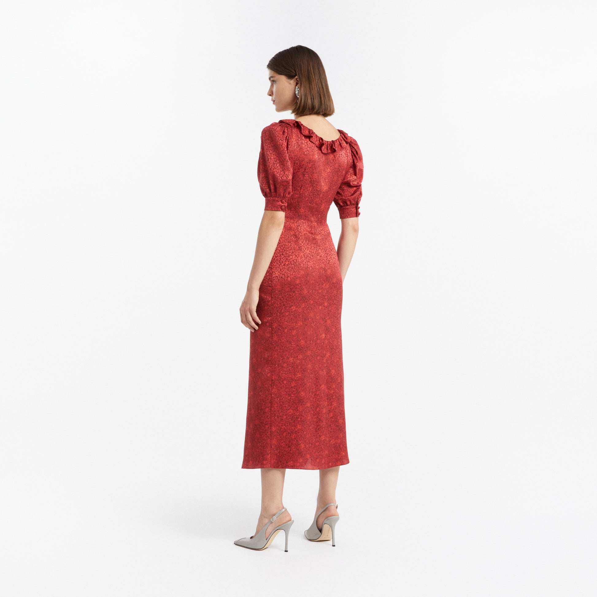 Floral-Print Silk Jacquard Midi Dress With Puff Sleeves
