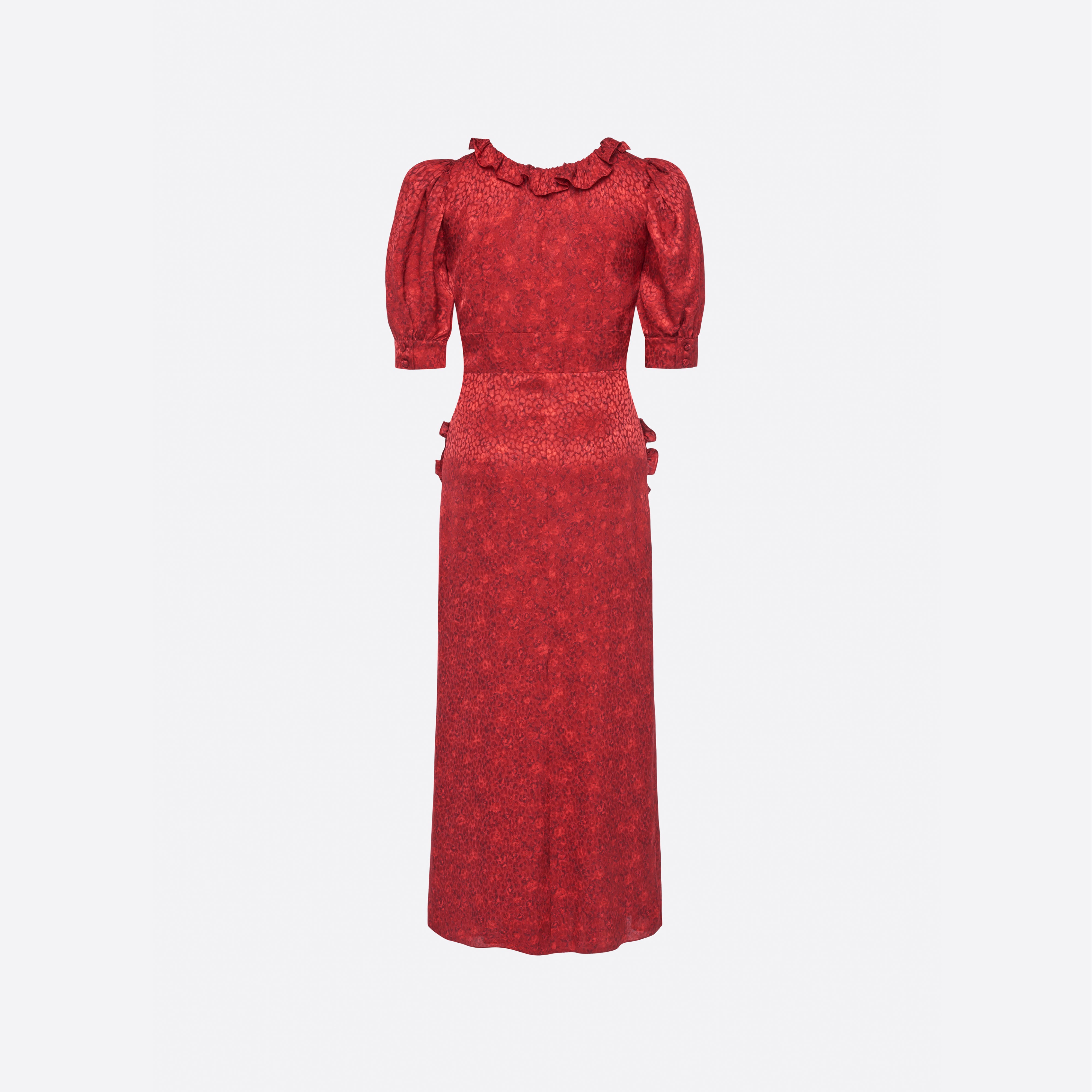 Floral-Print Silk Jacquard Midi Dress With Puff Sleeves