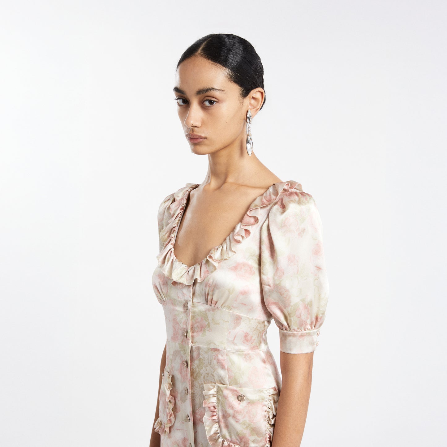 SILK SATIN MIDI DRESS WITH PUFF SLEEVES