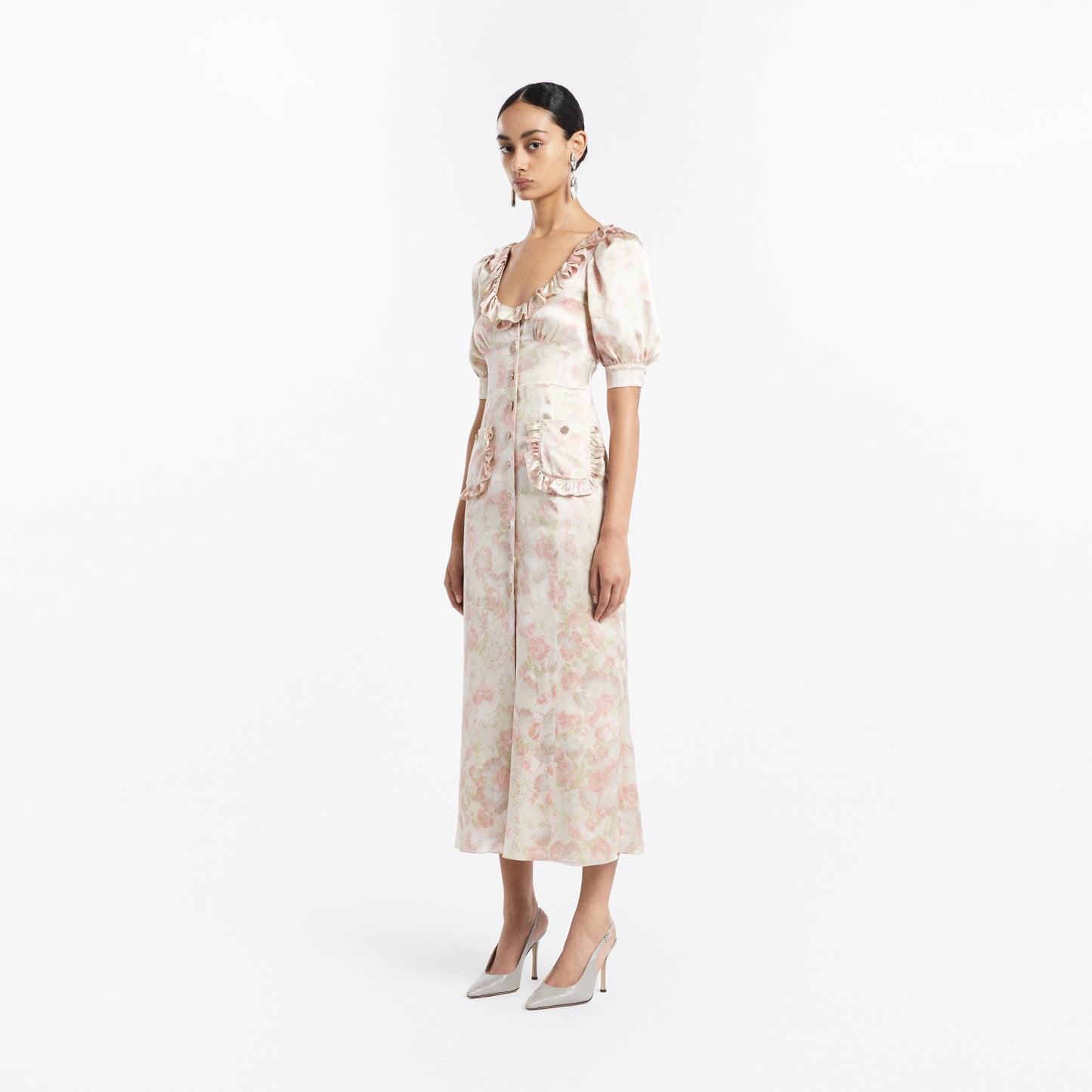 SILK SATIN MIDI DRESS WITH PUFF SLEEVES