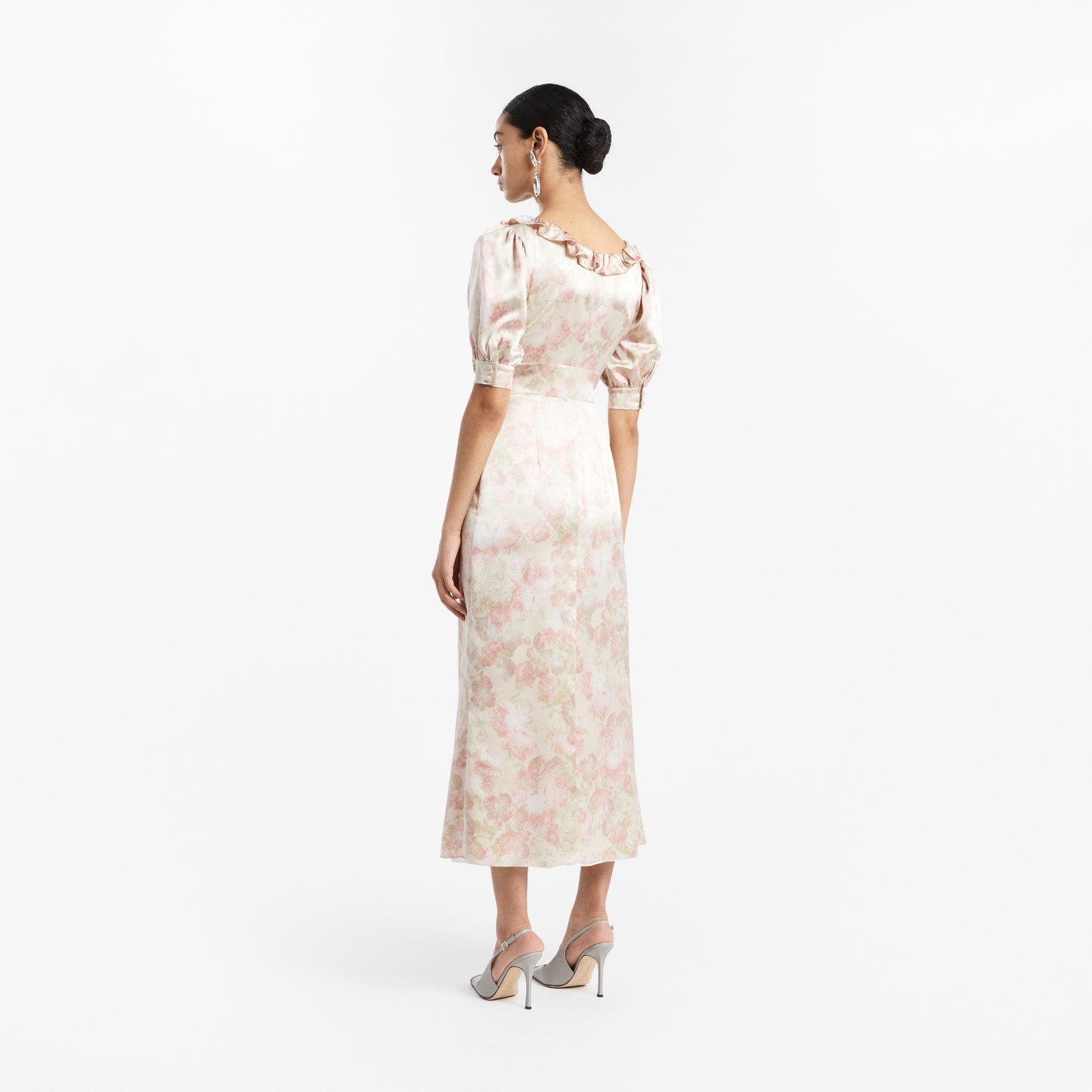 SILK SATIN MIDI DRESS WITH PUFF SLEEVES
