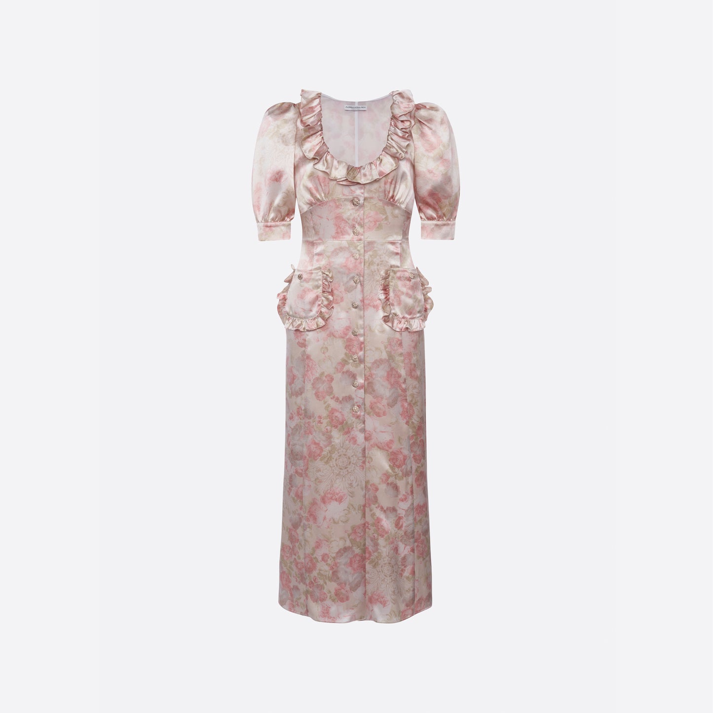 SILK SATIN MIDI DRESS WITH PUFF SLEEVES
