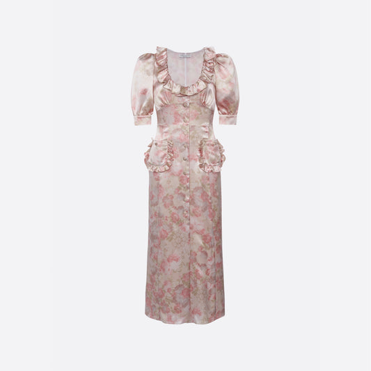 SILK SATIN MIDI DRESS WITH PUFF SLEEVES