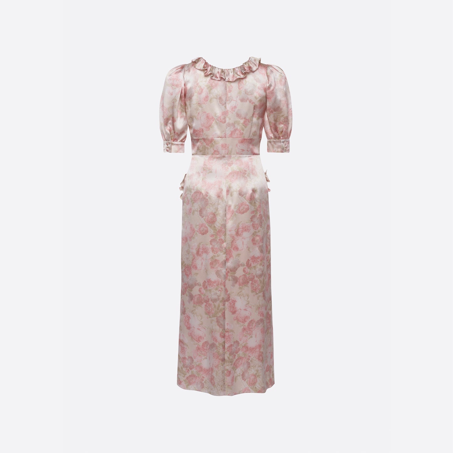SILK SATIN MIDI DRESS WITH PUFF SLEEVES