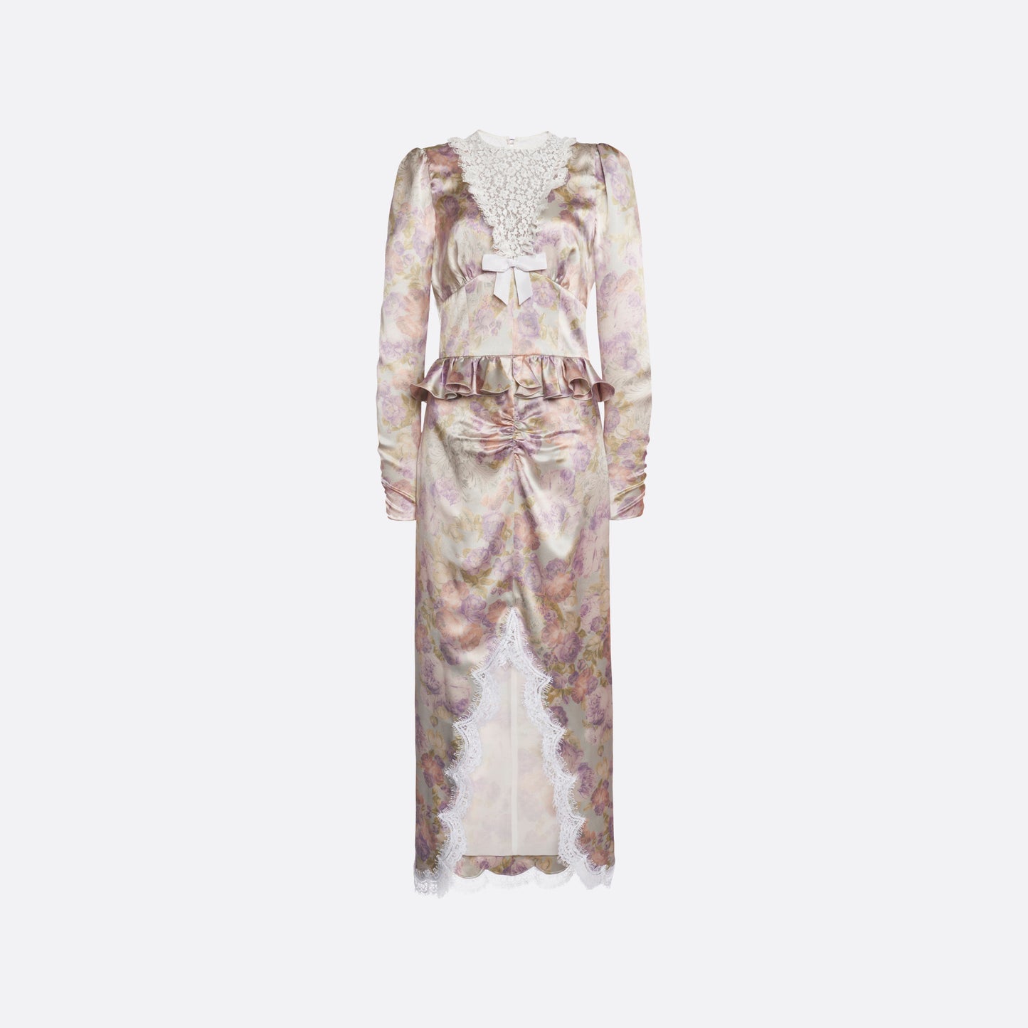 Light blue-violet floral print on crêpe de chine midi dress with long sleeves and lace bib detail, featuring ruffle trim and a lace front slit.
