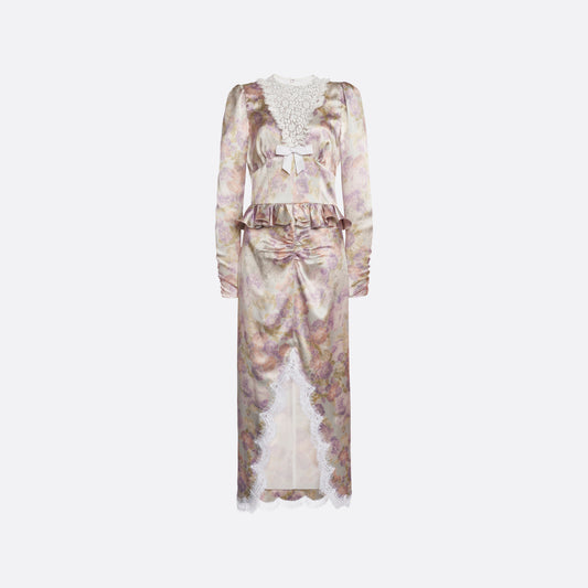 Light blue-violet floral print on crêpe de chine midi dress with long sleeves and lace bib detail, featuring ruffle trim and a lace front slit.
