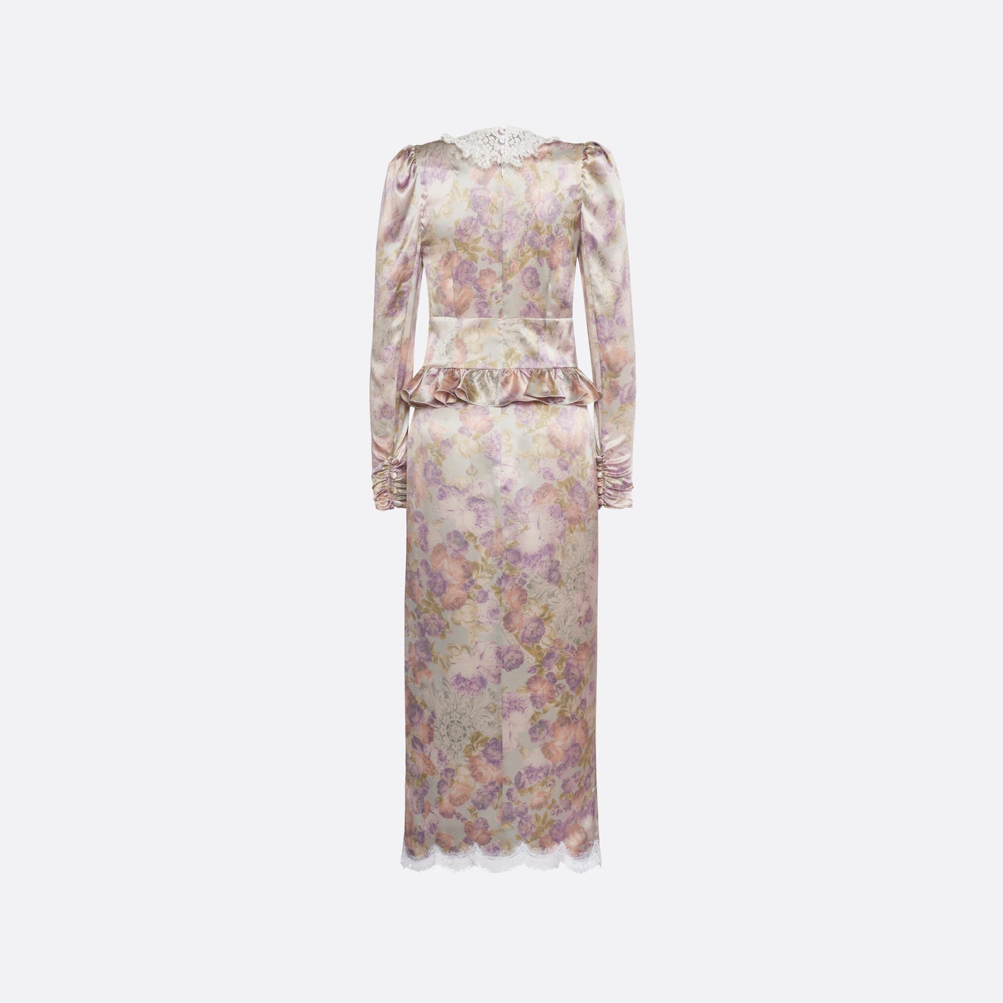 Light blue-violet floral print on crêpe de chine midi dress with long sleeves and lace bib detail, featuring ruffle trim and a lace front slit.