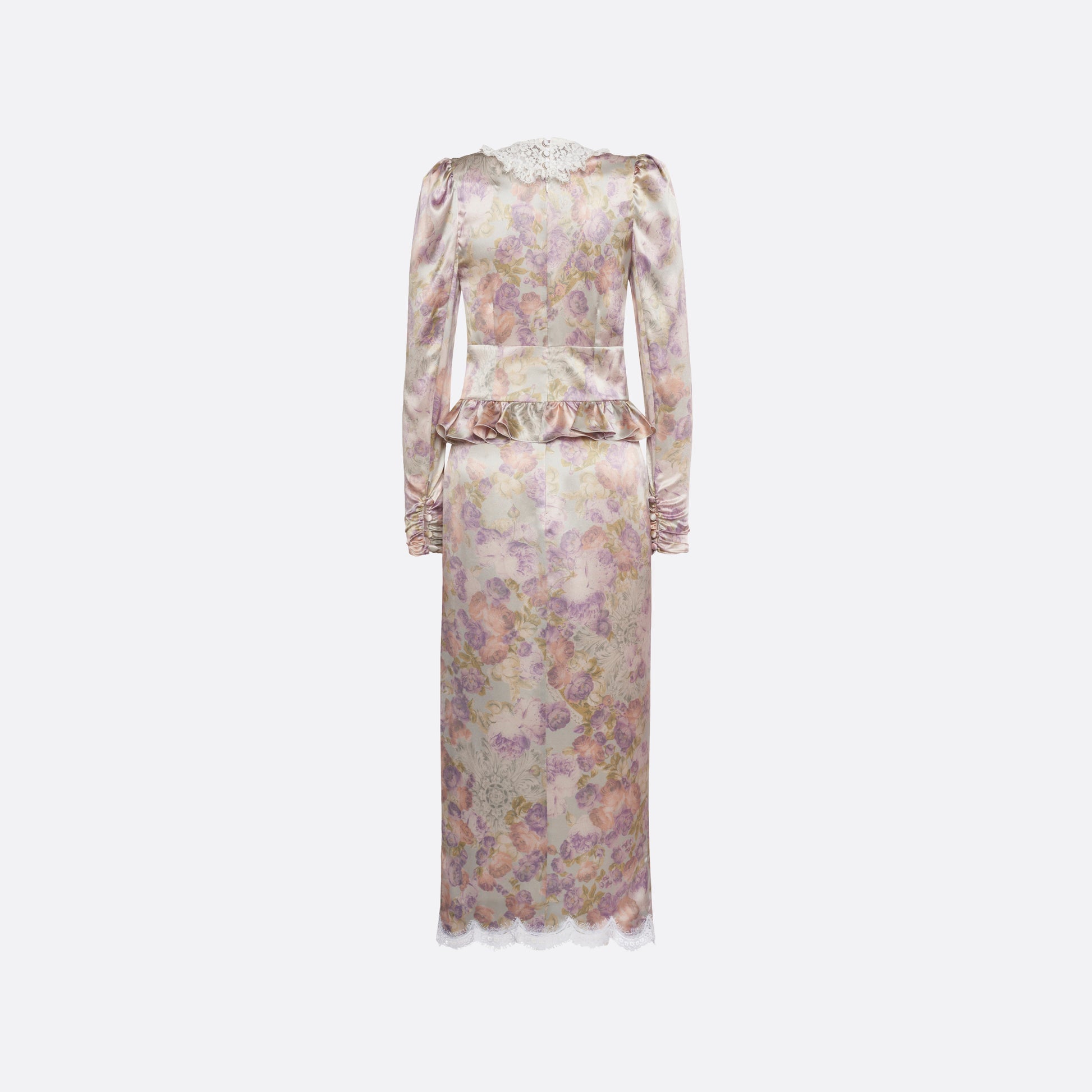 Light blue-violet floral print on crêpe de chine midi dress with long sleeves and lace bib detail, featuring ruffle trim and a lace front slit.