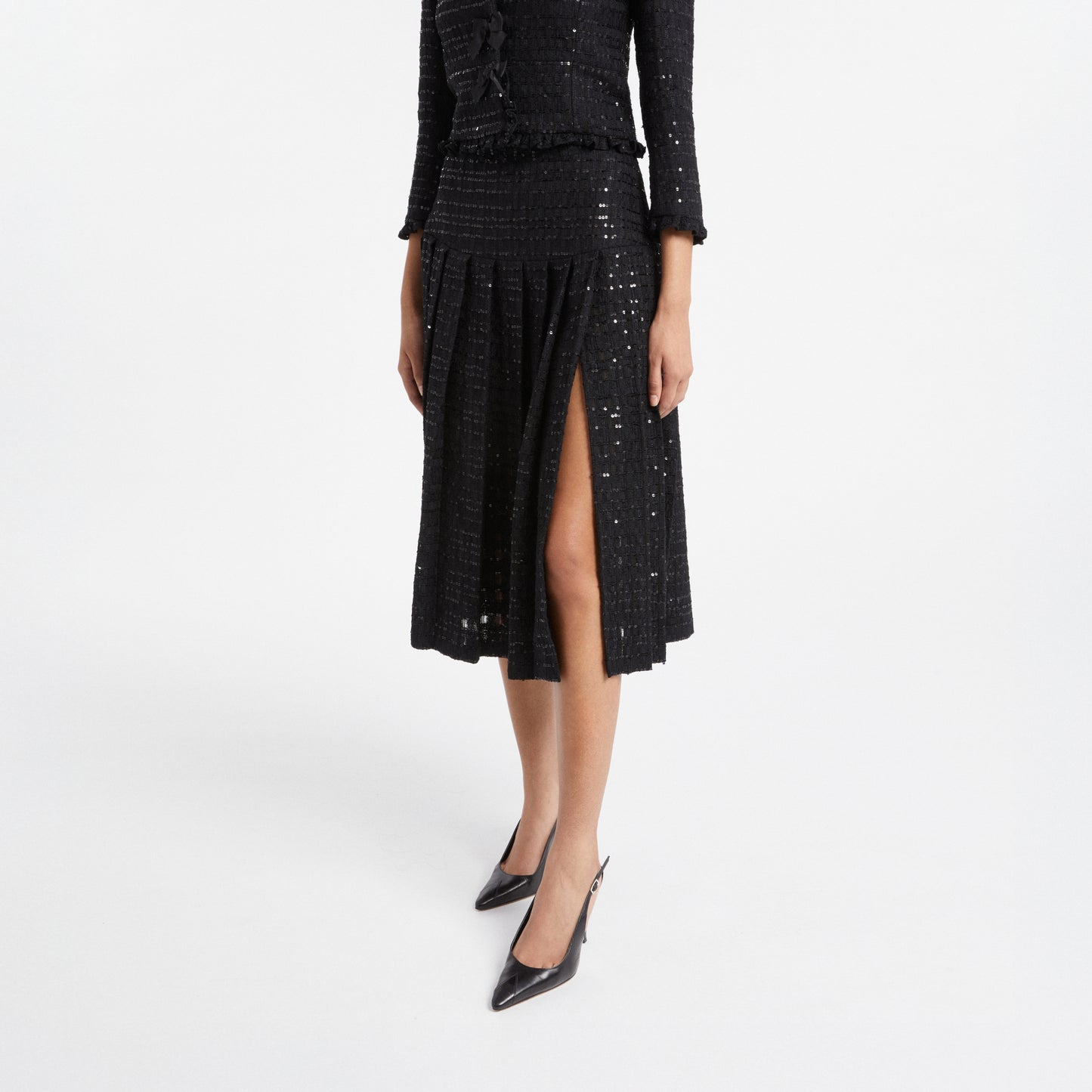 SEQUIN TWEED PLEATED SKIRT