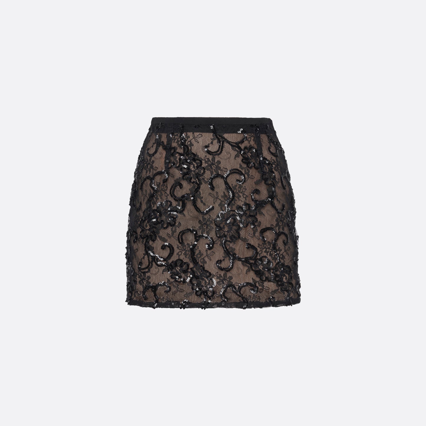 Black sequin mini skirt featuring lace embroidery