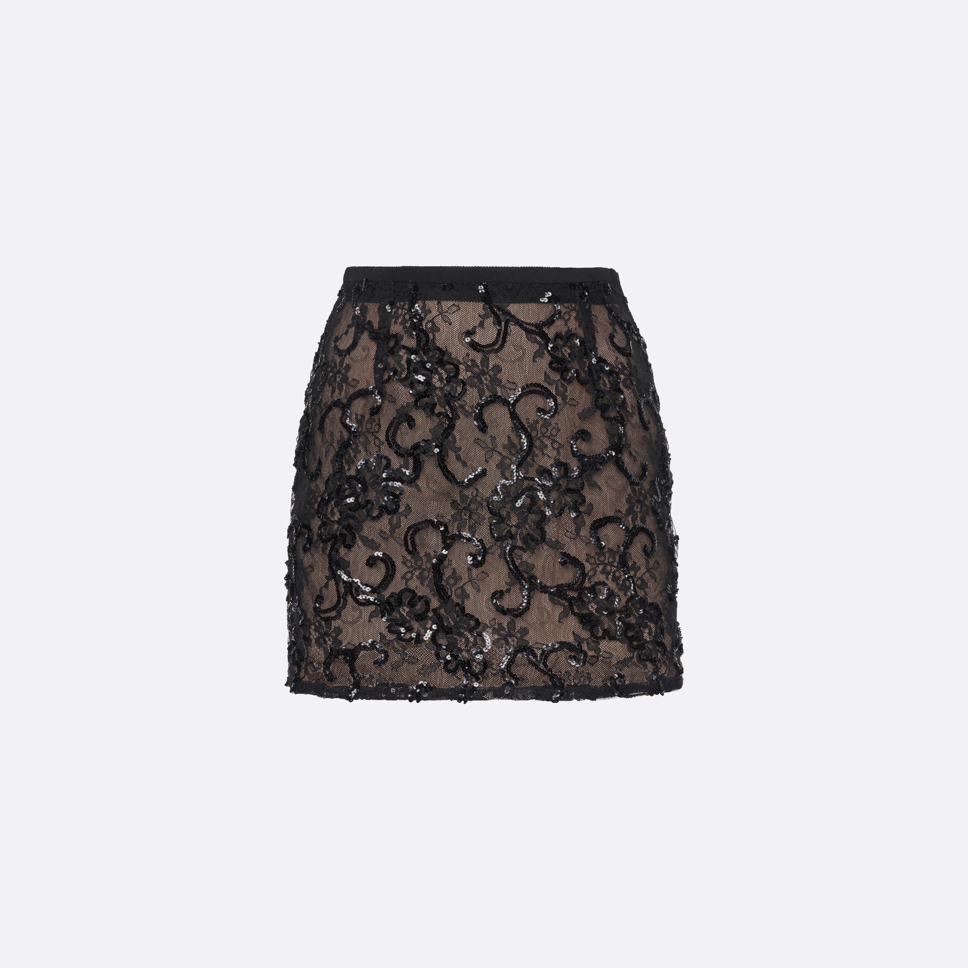 Black sequin mini skirt featuring lace embroidery