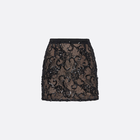 Black sequin mini skirt featuring lace embroidery