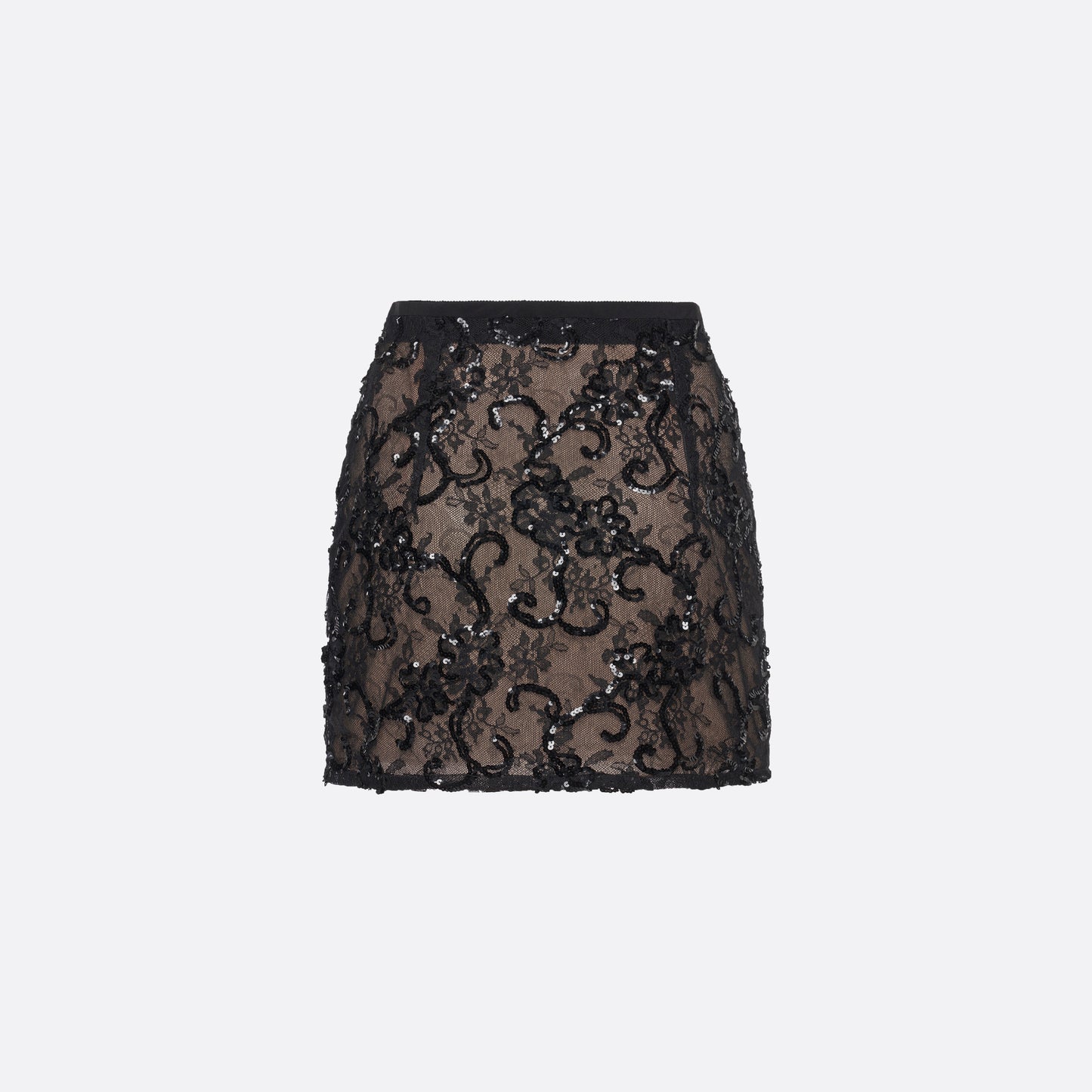 Black sequin mini skirt featuring lace embroidery
