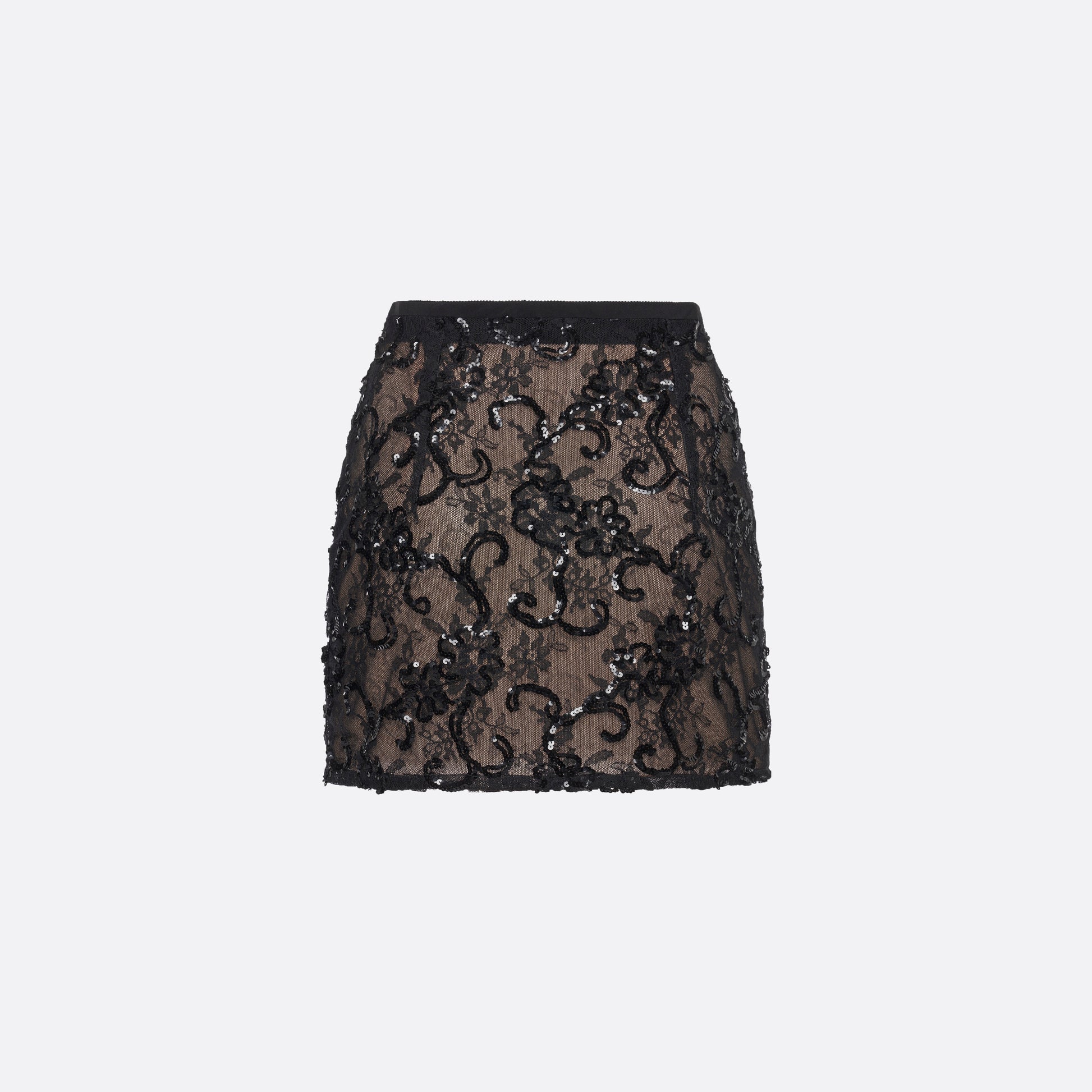 Black sequin mini skirt featuring lace embroidery