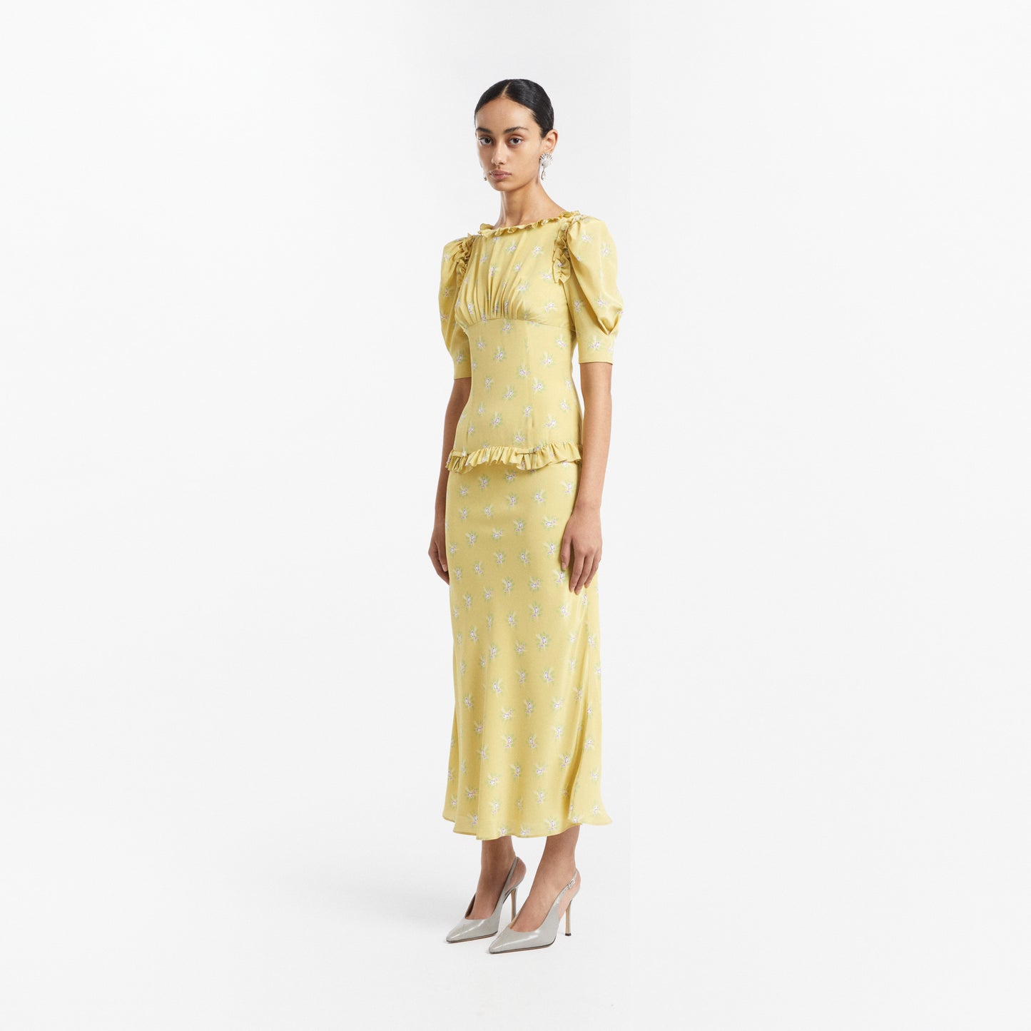 SILK MIDI DRESS WITH RUFFLES