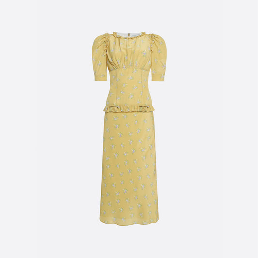 SILK MIDI DRESS WITH RUFFLES