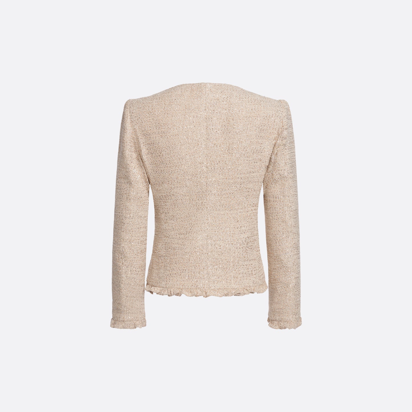 Beige sequin tweed jacket with V-neckline and long sleeves, featuring ruffle trims and bow.
