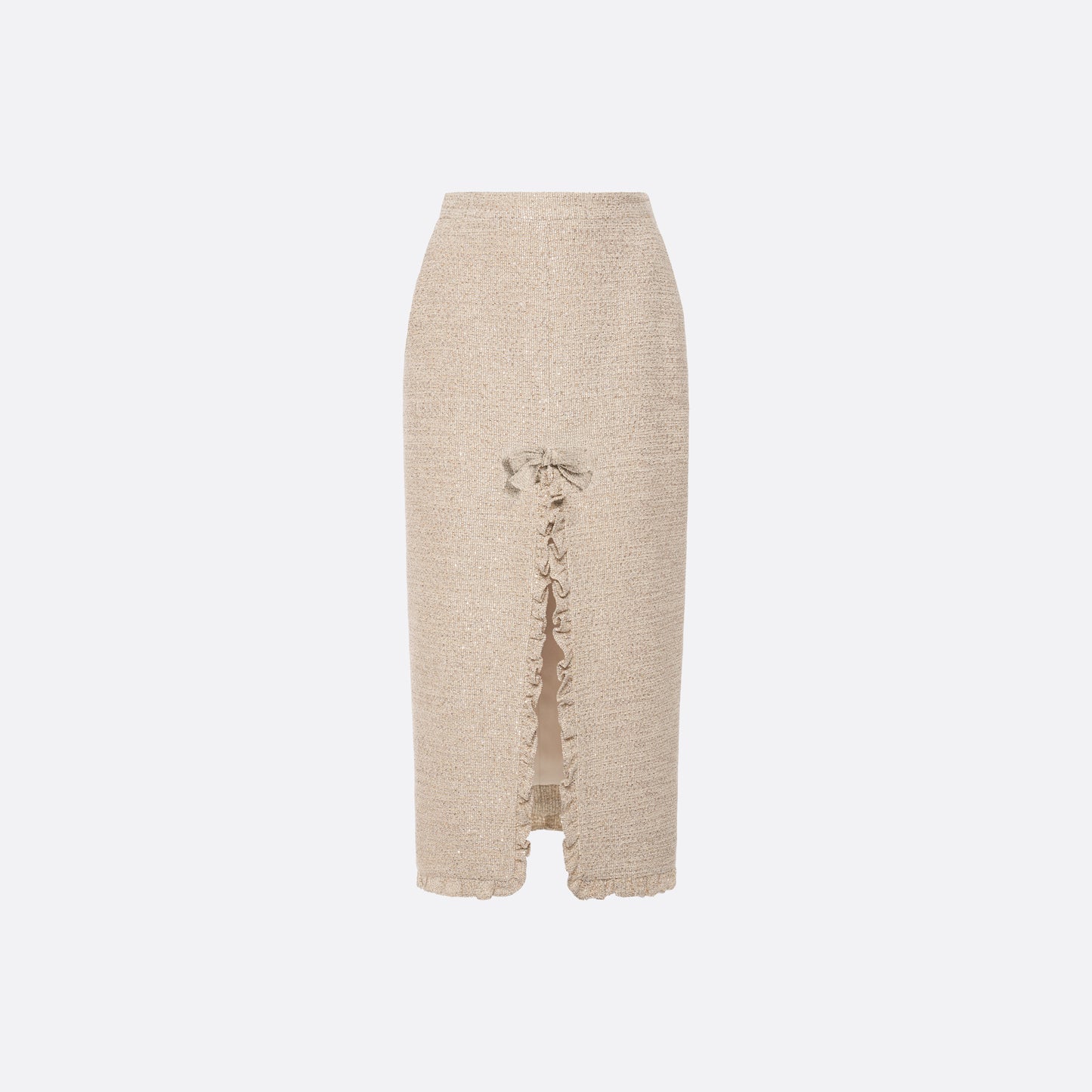 Beige sequin tweed midi skirt with front split, featuring a ruffle trim and a bow.