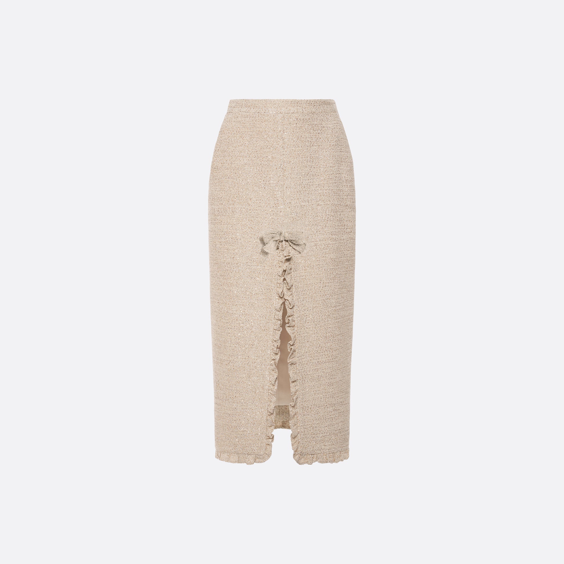 Beige sequin tweed midi skirt with front split, featuring a ruffle trim and a bow.