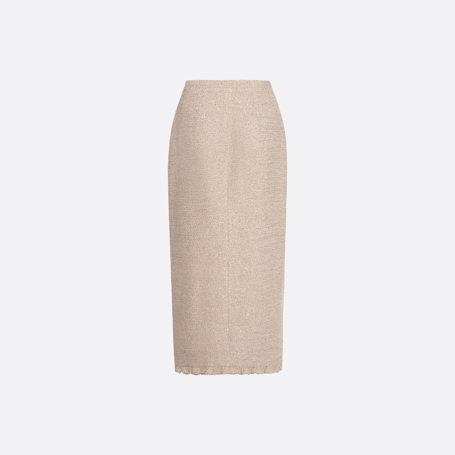 Beige sequin tweed midi skirt with front split, featuring a ruffle trim and a bow.