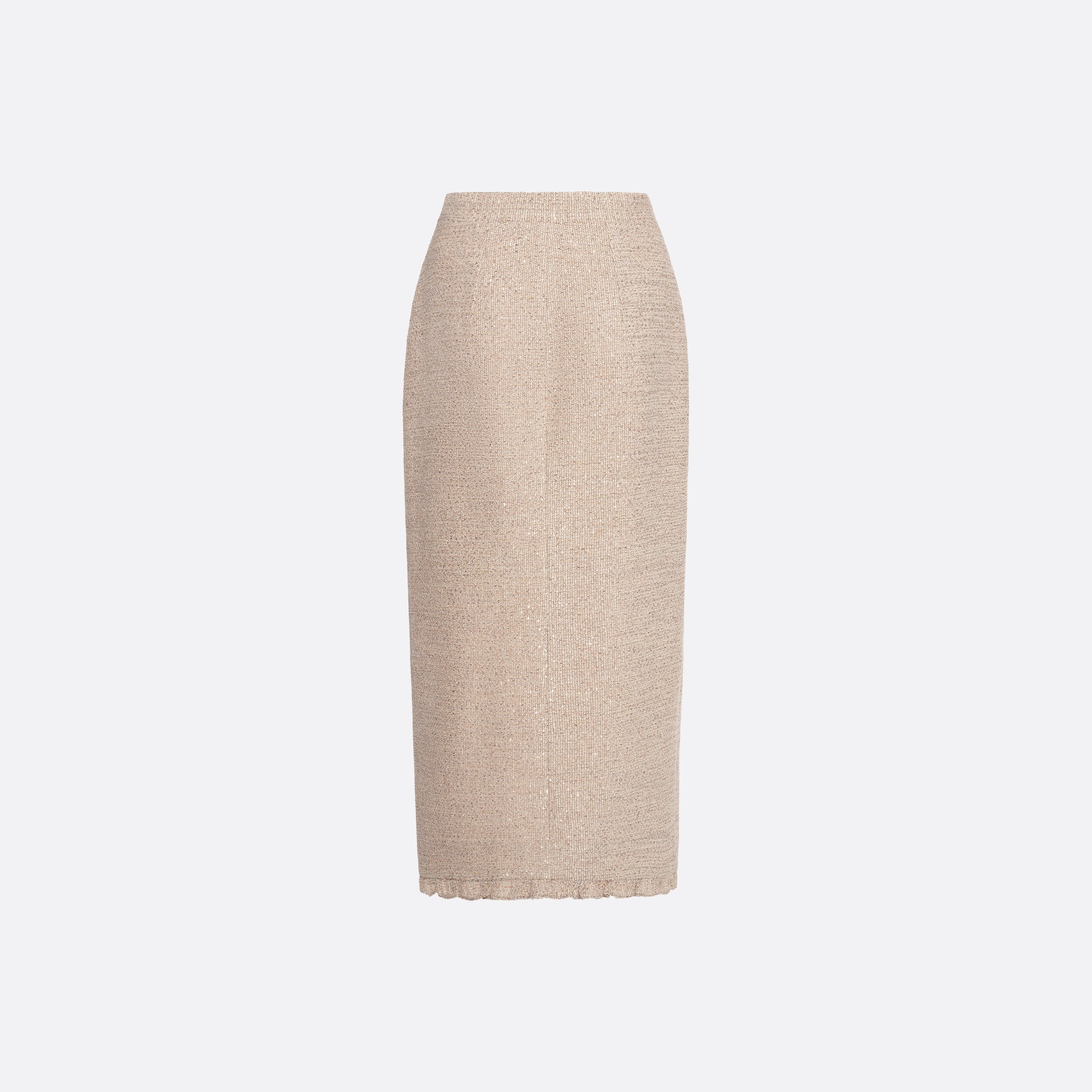 Beige sequin tweed midi skirt with front split, featuring a ruffle trim and a bow.