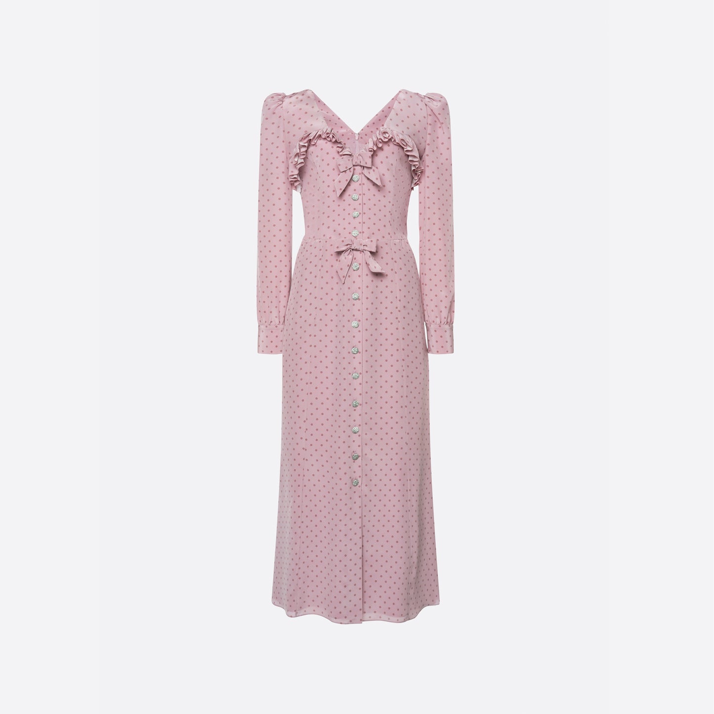 pink polka dot satin dress Floral-appliqu polka-dot satin maxi dress in pink